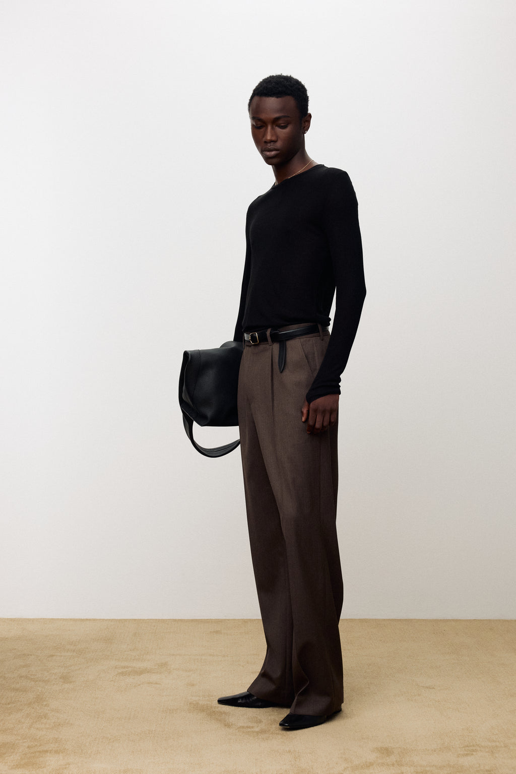 MELANGE WOOL WIDE-LEG PLEATED TROUSERS_ HAZELNUT