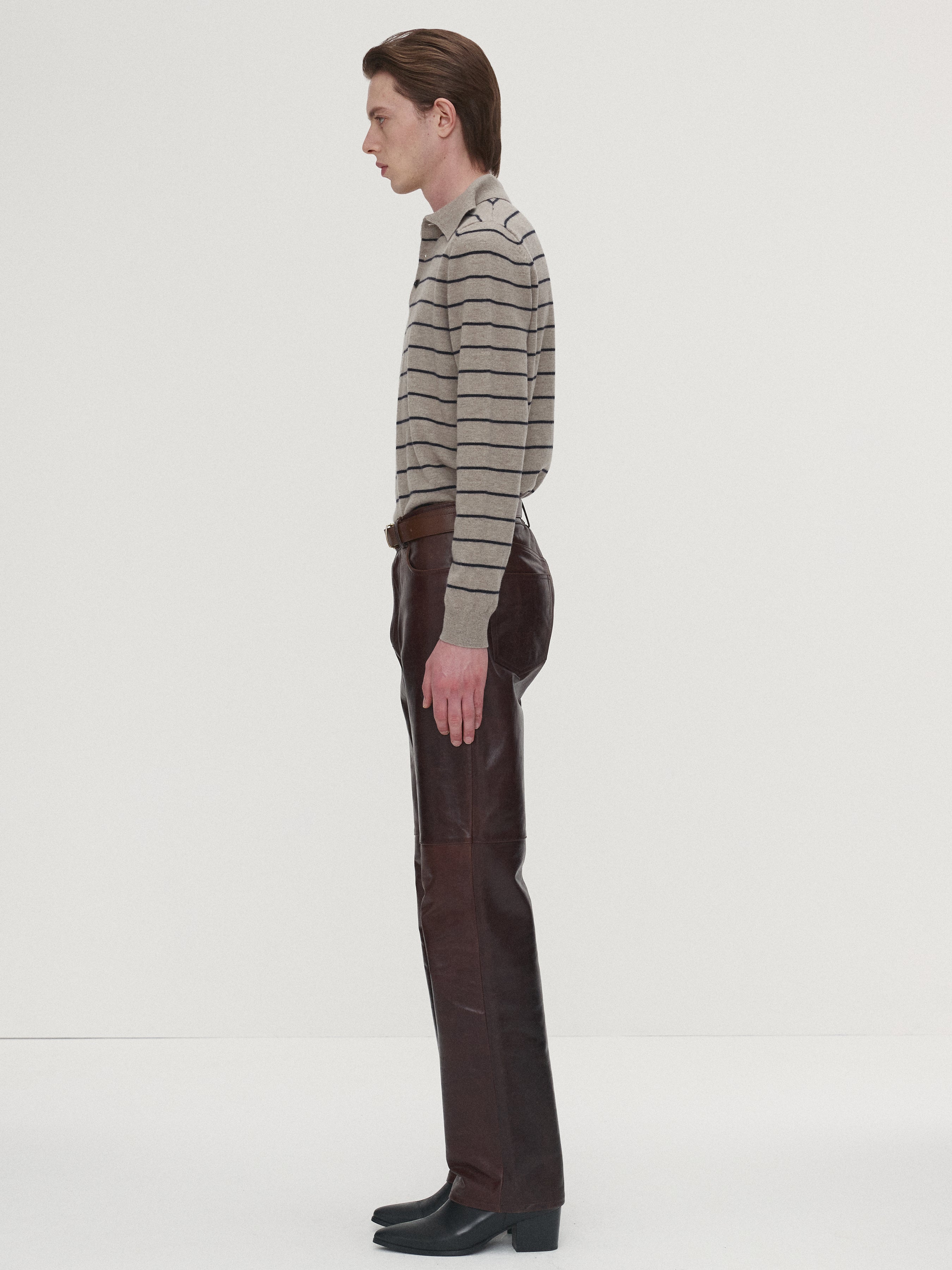 SUPER FINE WOOL STRIPE POLO KNIT_ BEIGE/NAVY