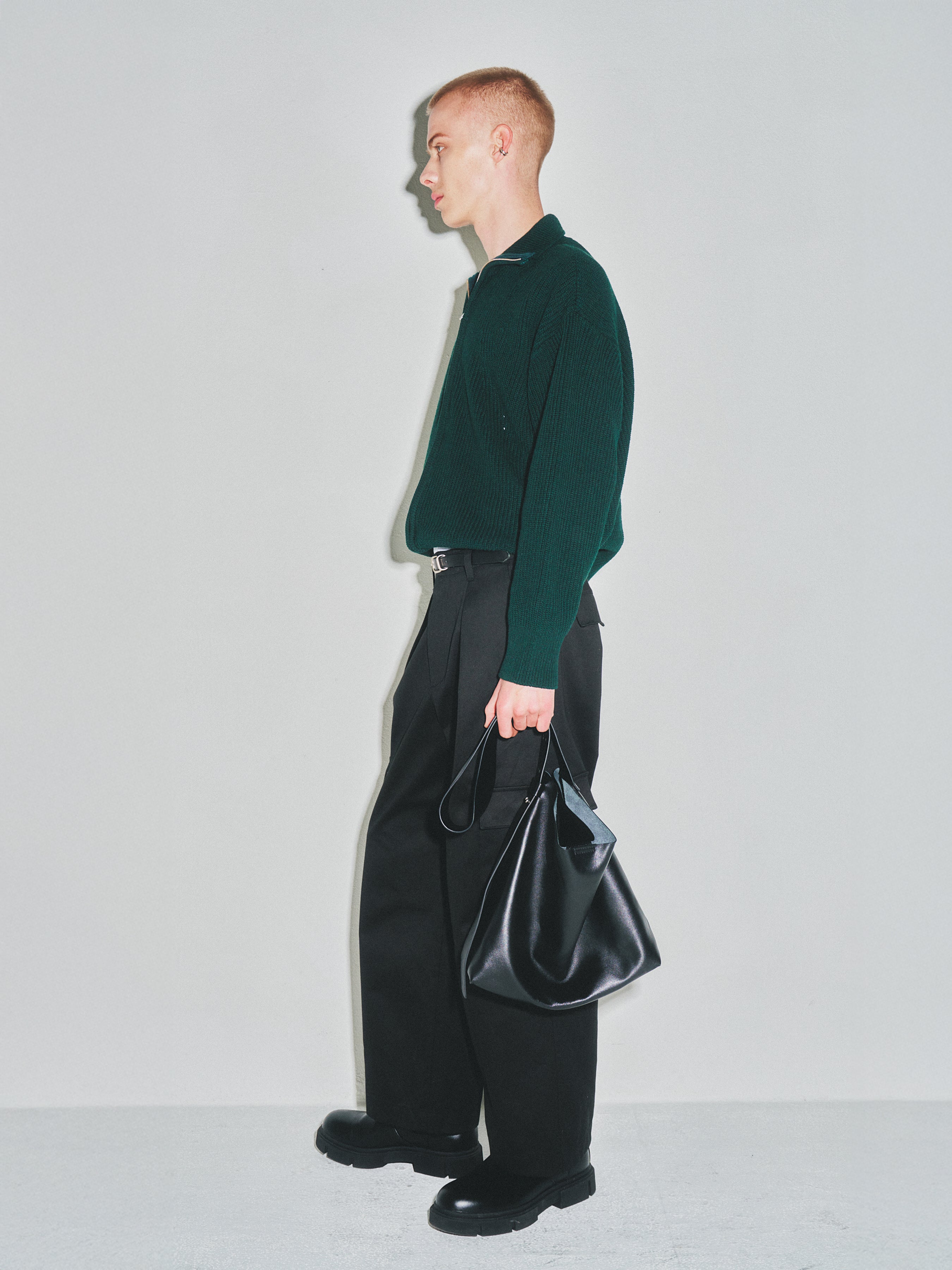 Italian Cotton Hard Twist Zip-up Knit_ Dark Green
