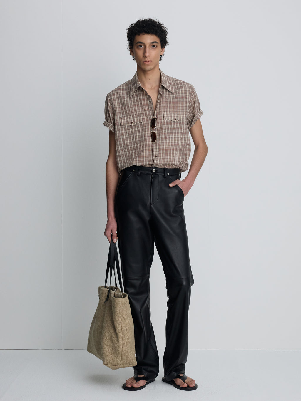 CHECKED COTTON BLEND WESTERN SHIRT_ TAUPE/AMBER