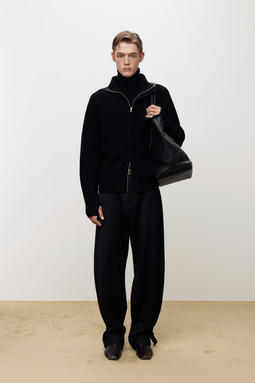 WOOL TWILL CURVED-LEG STRAP TROUSERS_ BLACK