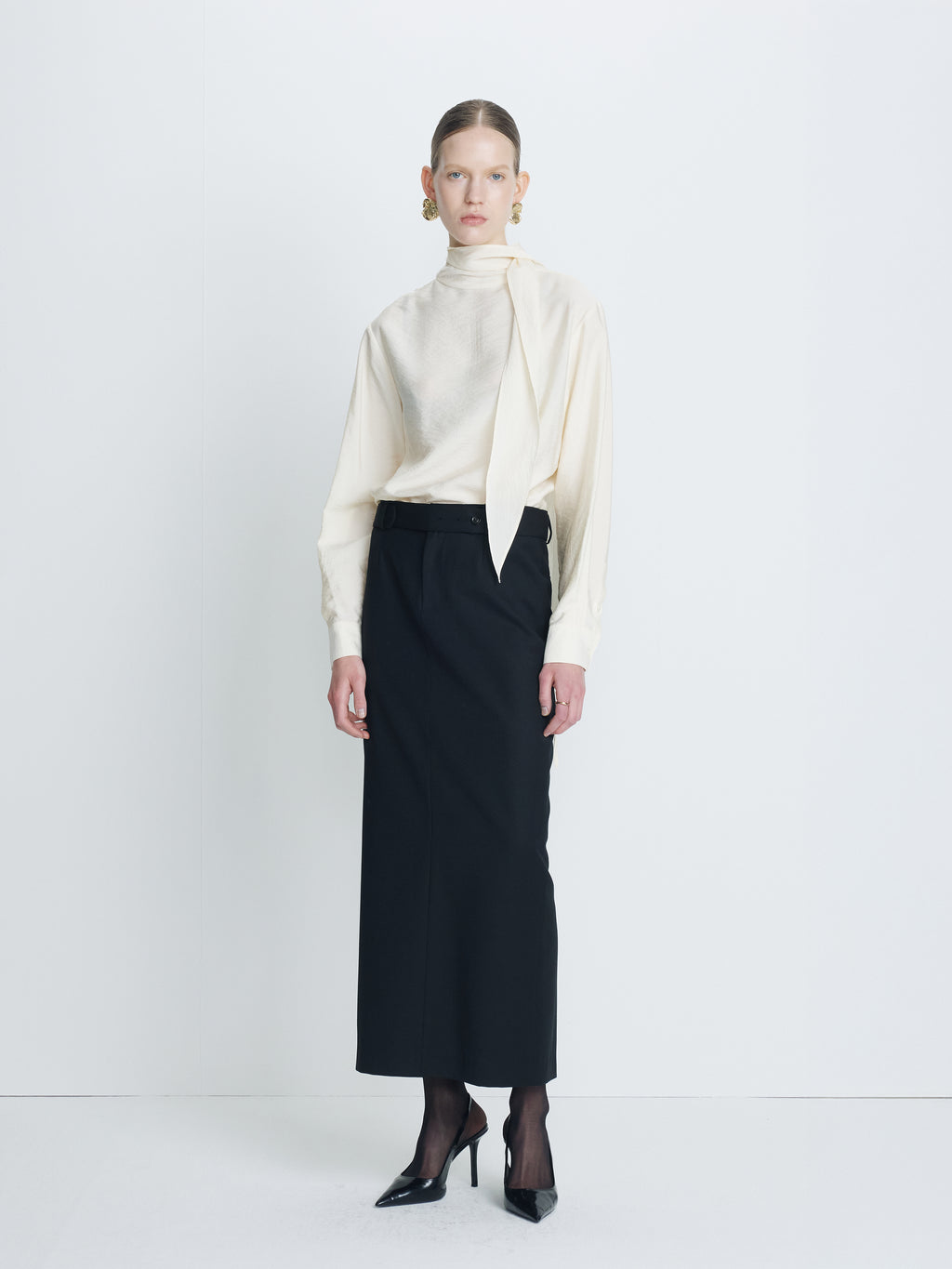 (W) WOOL BELTED MAXI SKIRT_ BLACK