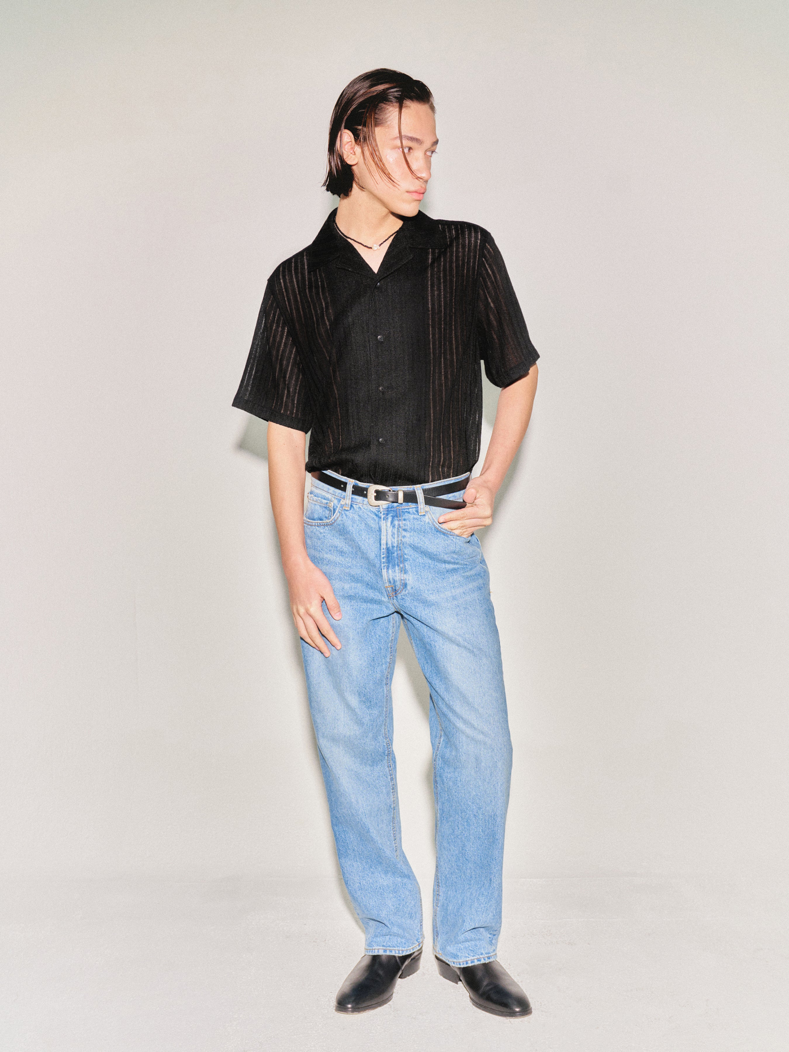 Crochet Camp Collar Half Sleeve Shirt_ Black