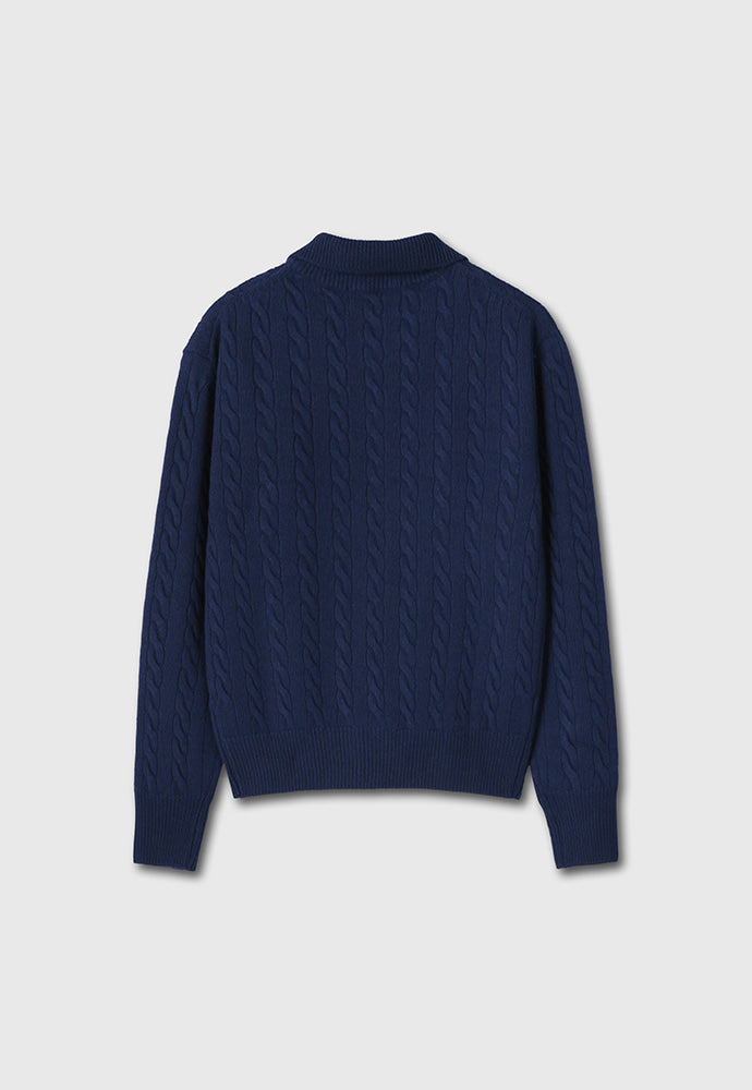 Super Fine Wool Cable Knit Zip-up_ Navy Blue