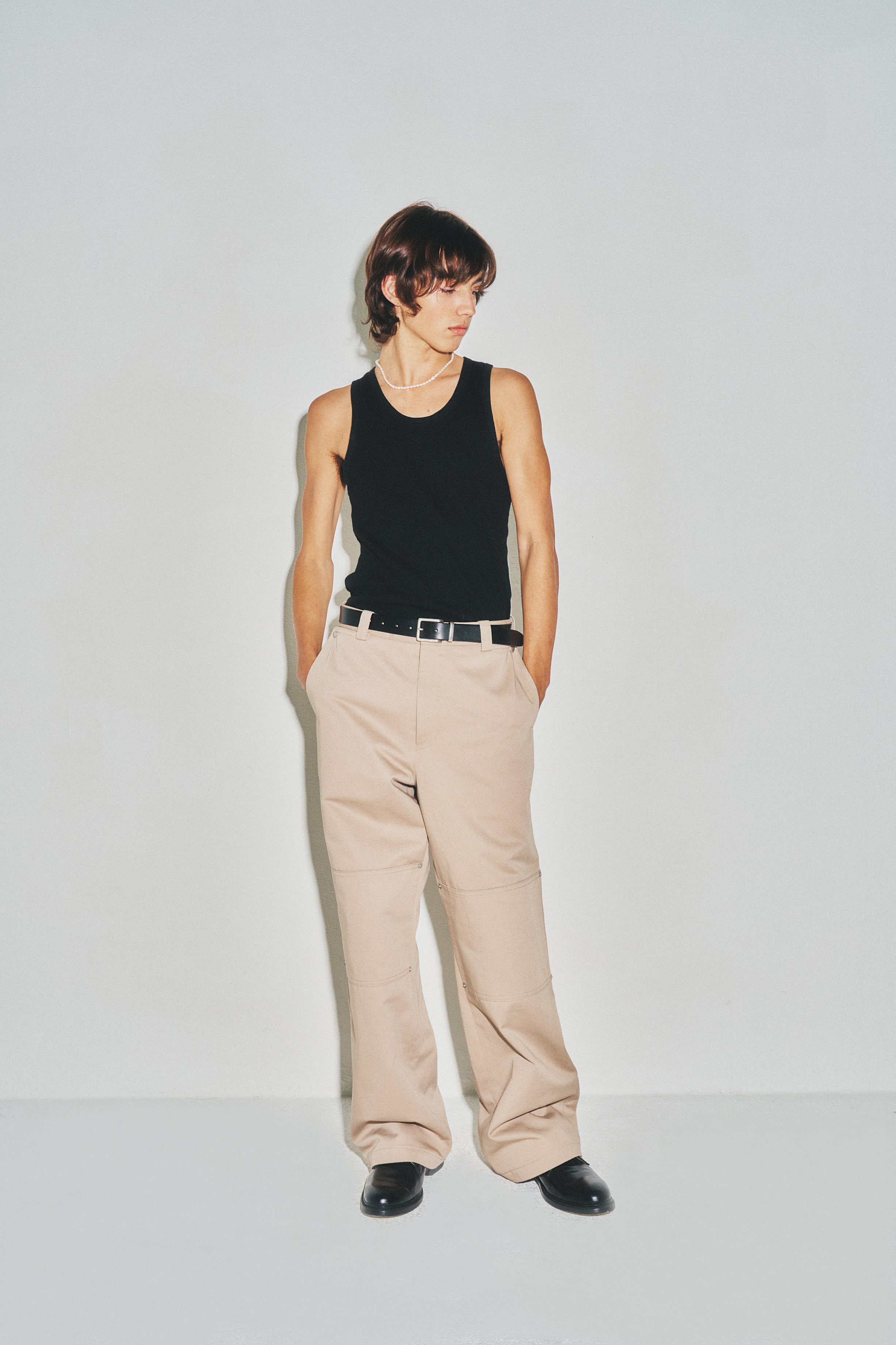 Hard Twist Semi-wide Cut Double Knee Pants_ Beige