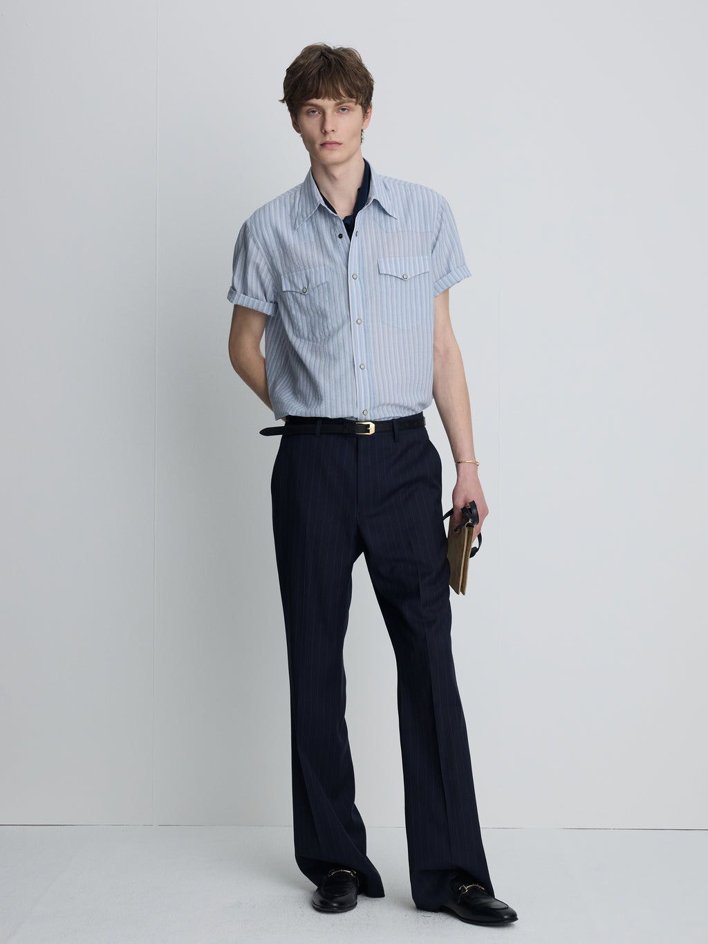 TROPICAL WOOL FLARED TROUSERS_ NAVY STRIPE
