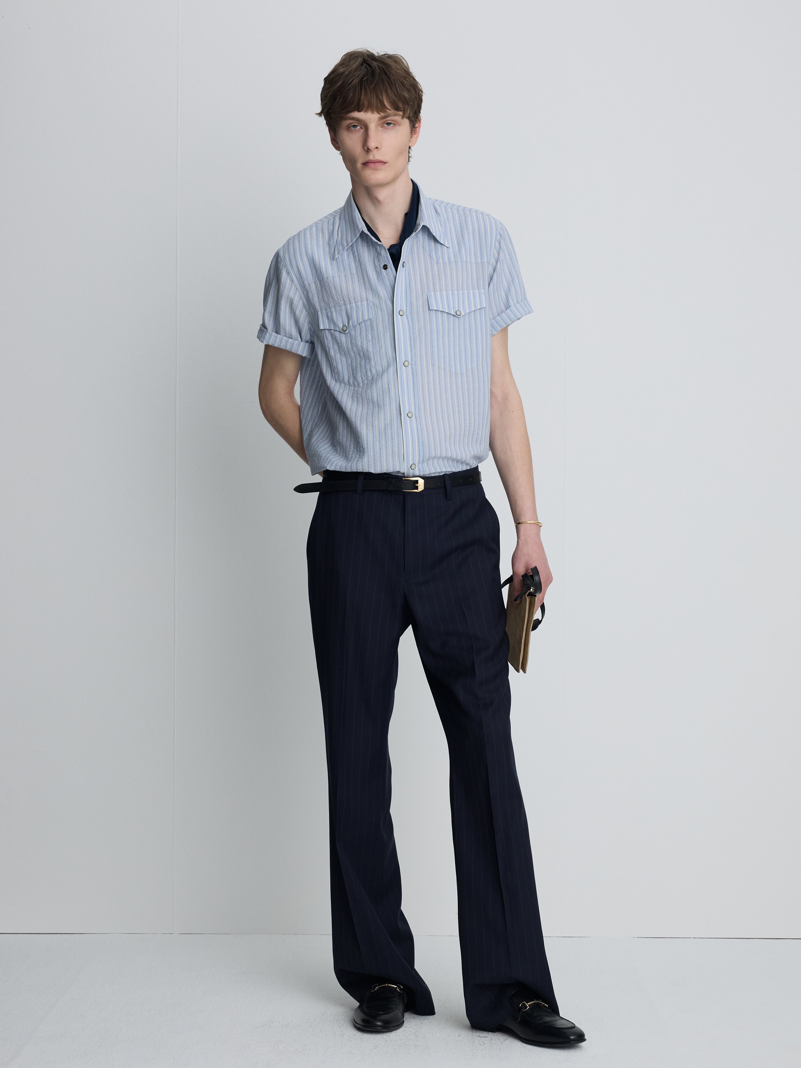 TROPICAL WOOL FLARED TROUSERS_ NAVY STRIPE