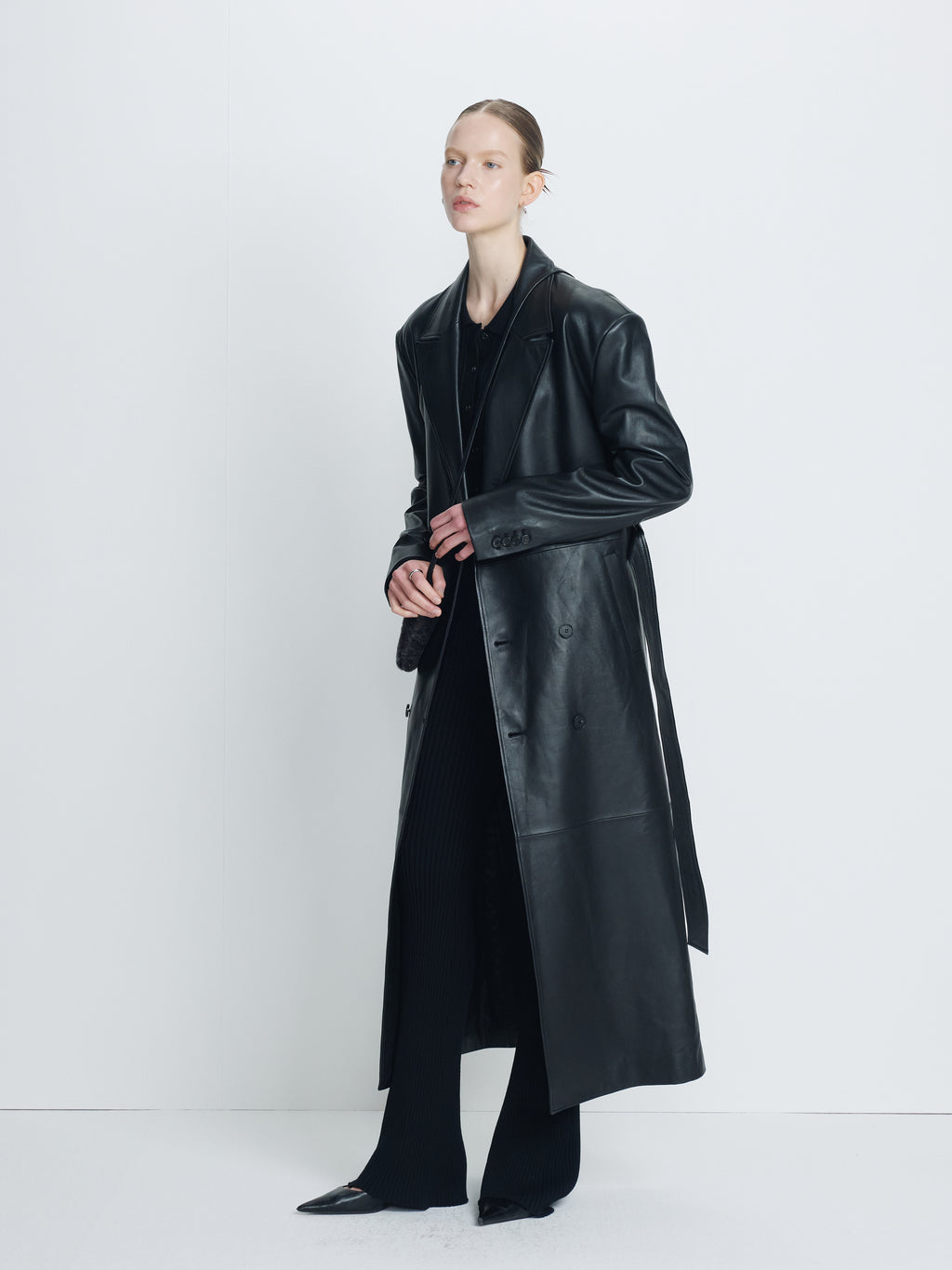 (W) NAPPA LEATHER DOUBLE-BREASTED COAT_ BLACK