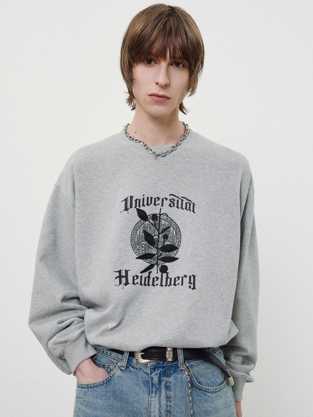 Embroidery Overlap College Sweatshirt_ Heather Grey