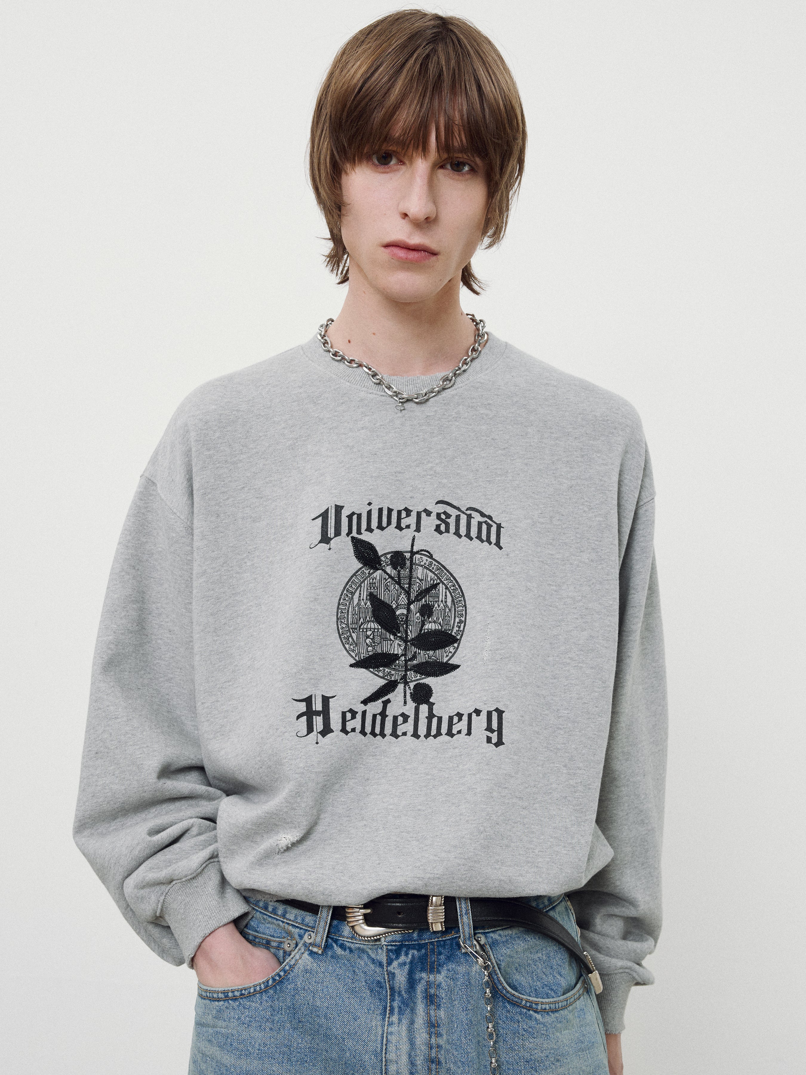 Embroidery Overlap College Sweatshirt_ Heather Grey