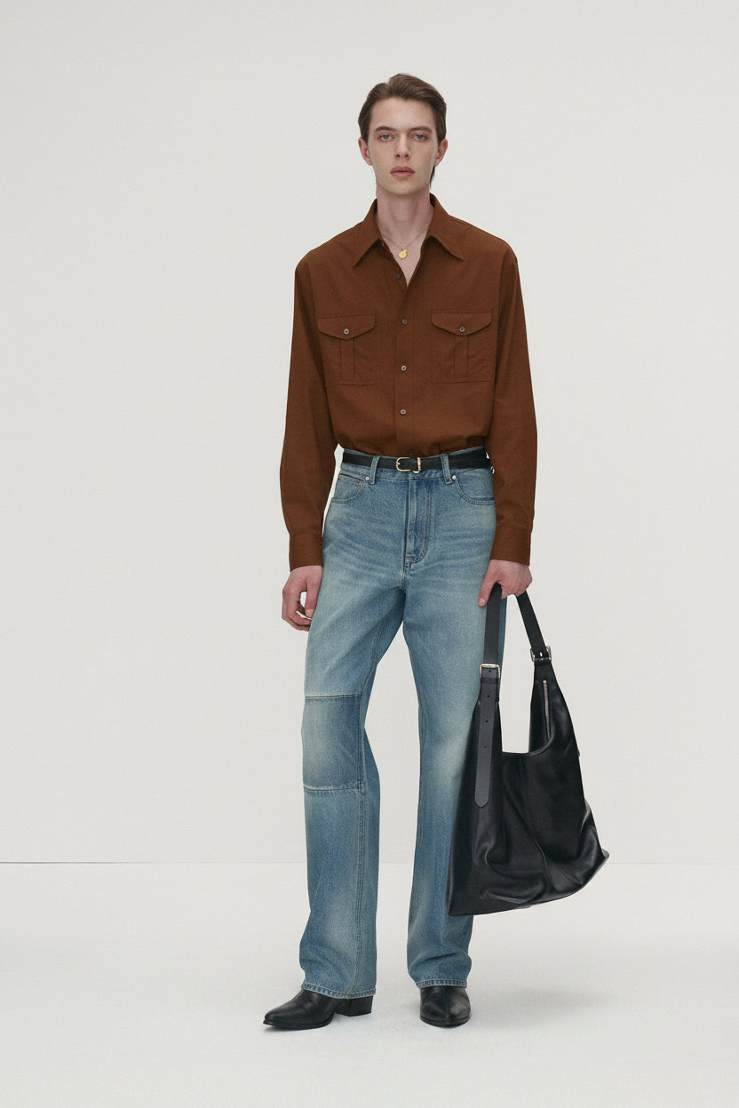 SAND-WASHED COTTON OFFICER SHIRT_ AMBER BROWN