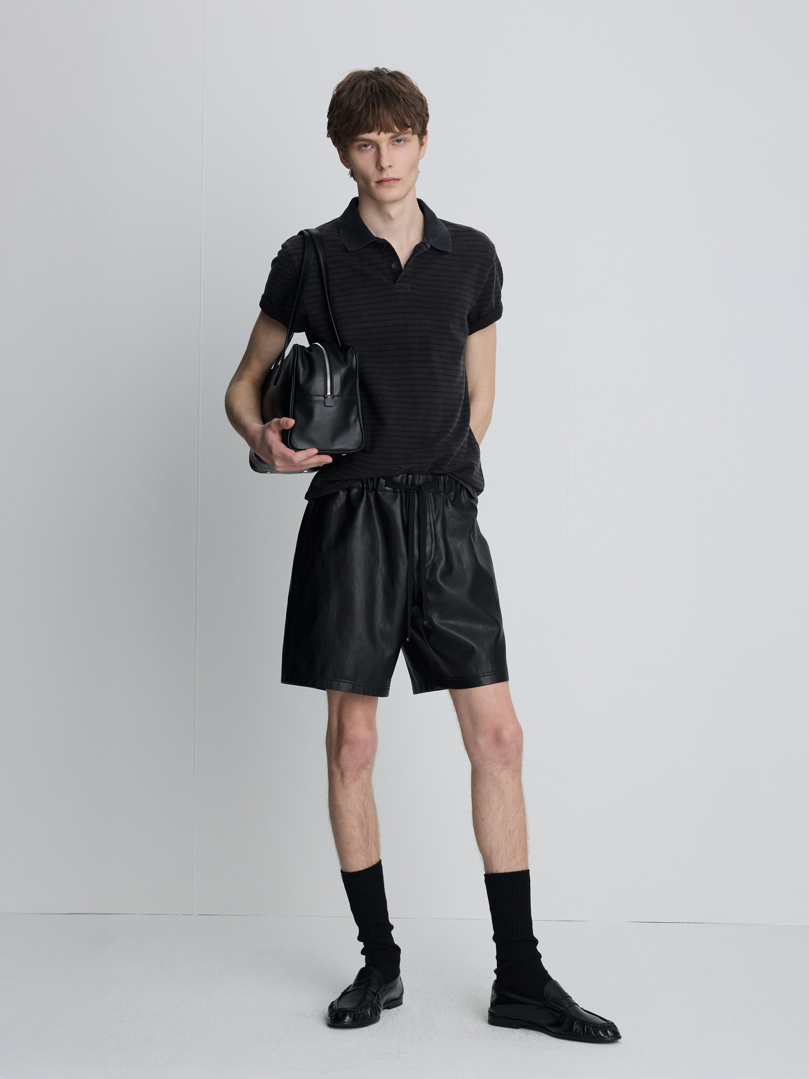 FAUX LEATHER LOUNGE SHORTS_  BLACK