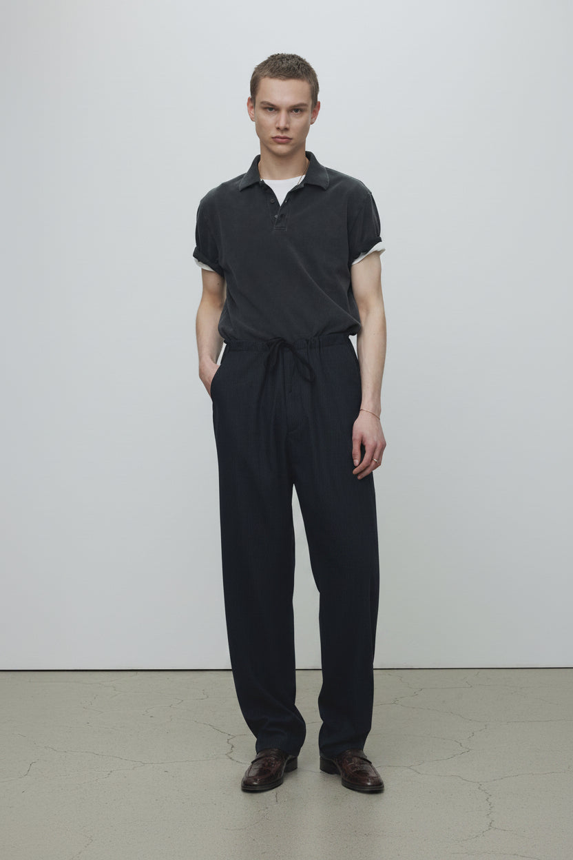 LIGHT WOOL COTTON DRAWSTRING TROUSERS_ NAVY STRIPE