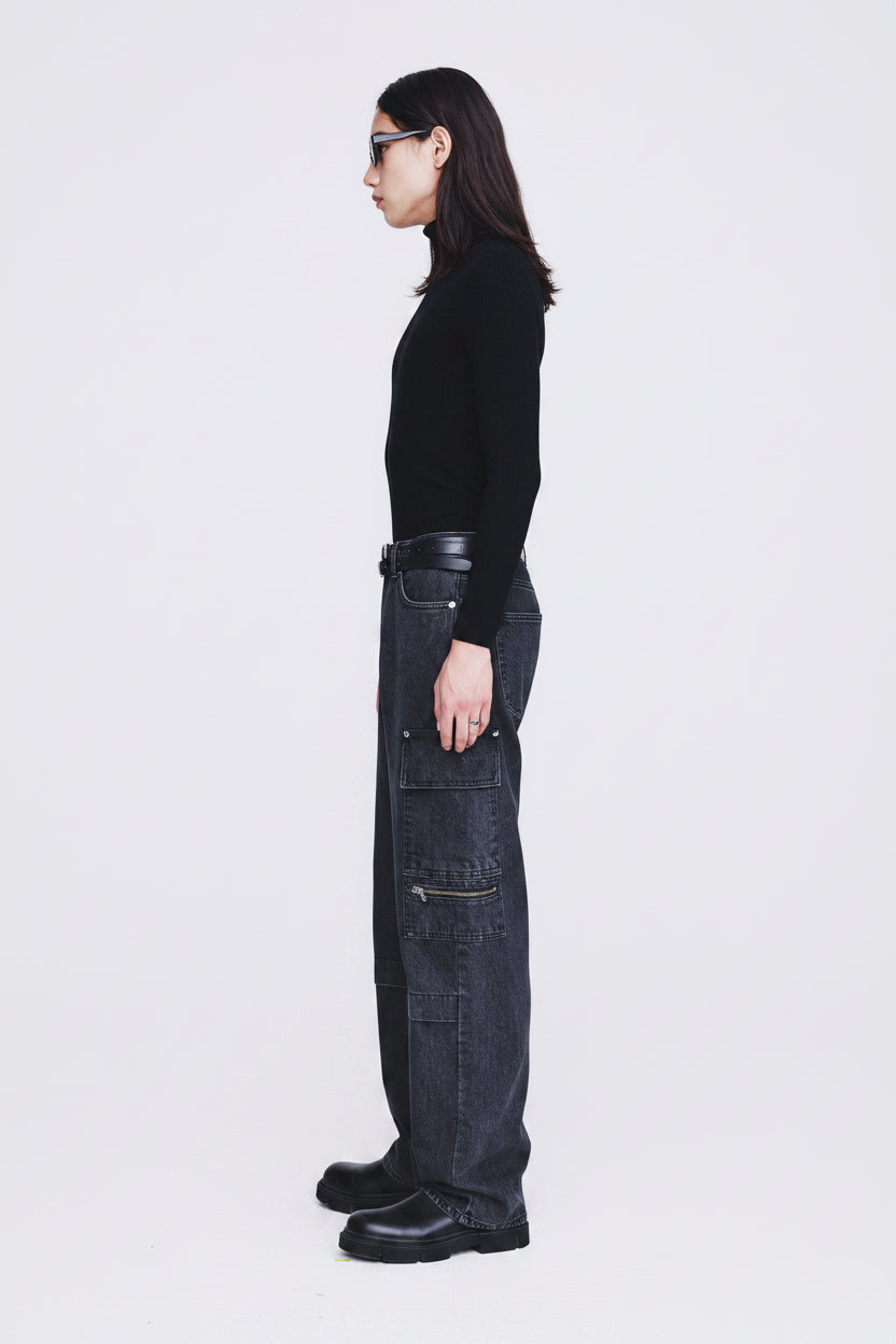 Relaxed Cut Denim Cargo Jeans_ Faded Black