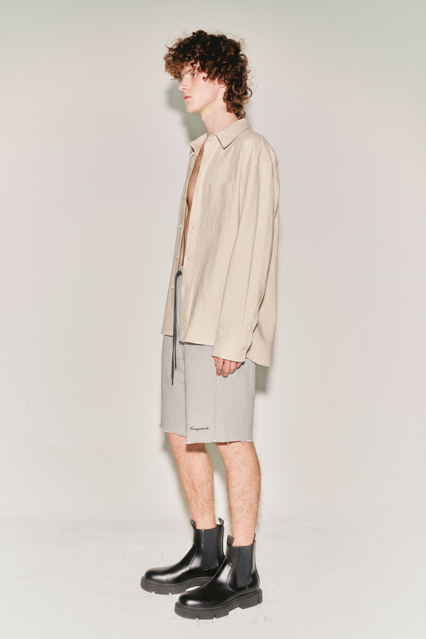 Heavyweight Brushed-Jersey Logo Embroidered Shorts_ Melange Grey