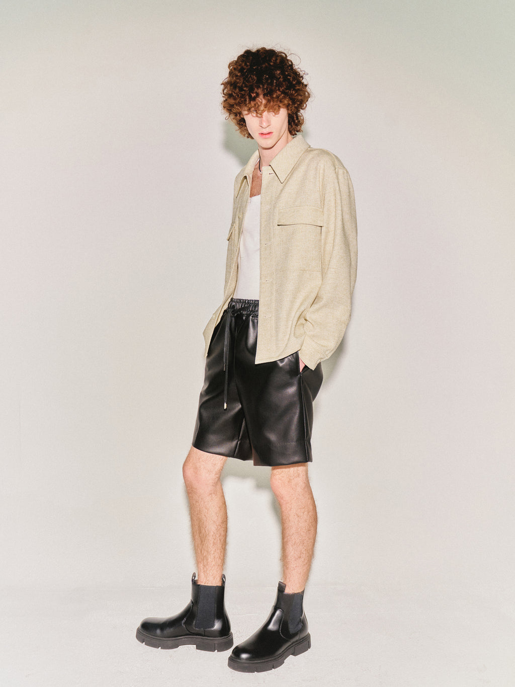 Wool and Lyocell Natural Tweed Shirt Jacket_ Sage Beige
