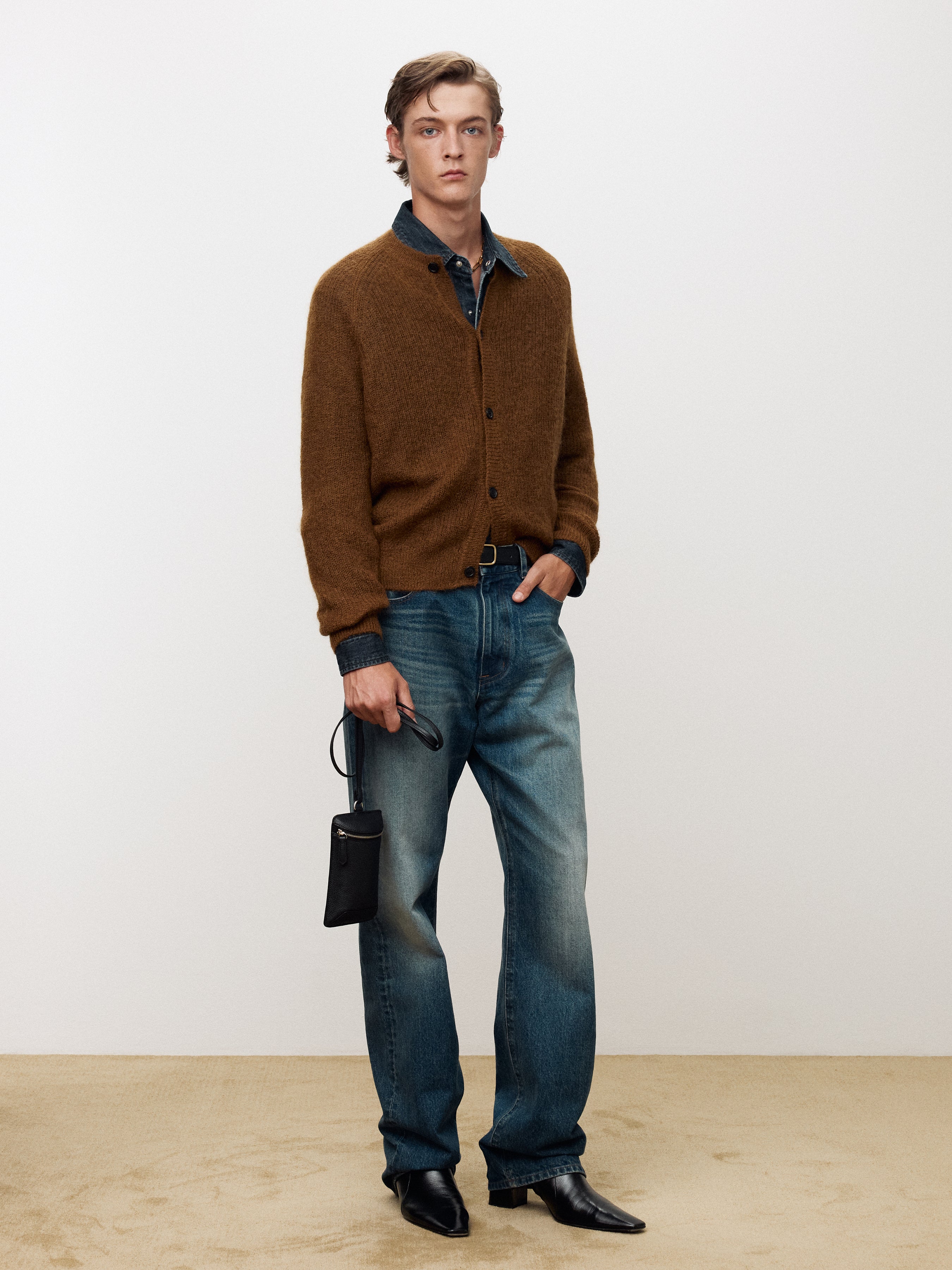 WOOL AND MOHAIR RIBBED MESH CARDIGAN_ CAMEL