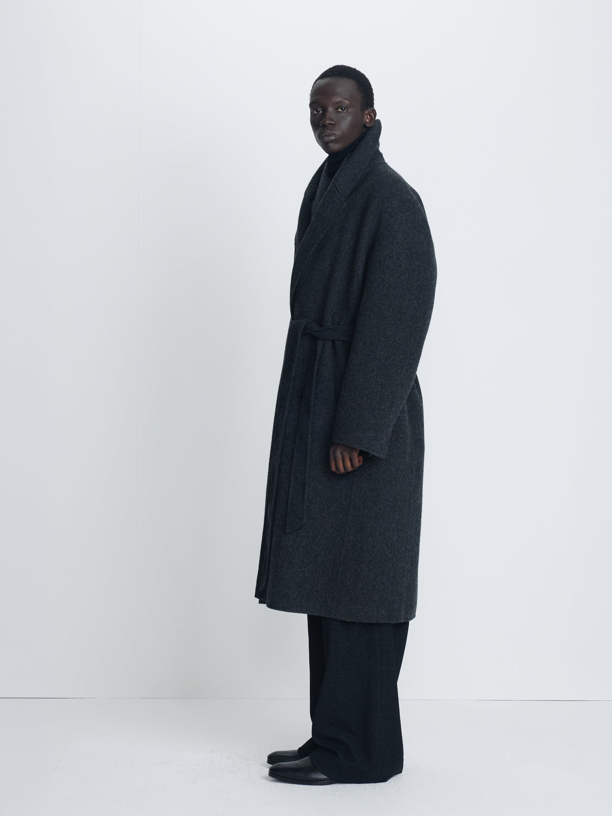 HAND-MADE WOOL BELTED DOUBLE COAT_ MELANGE CHARCOAL