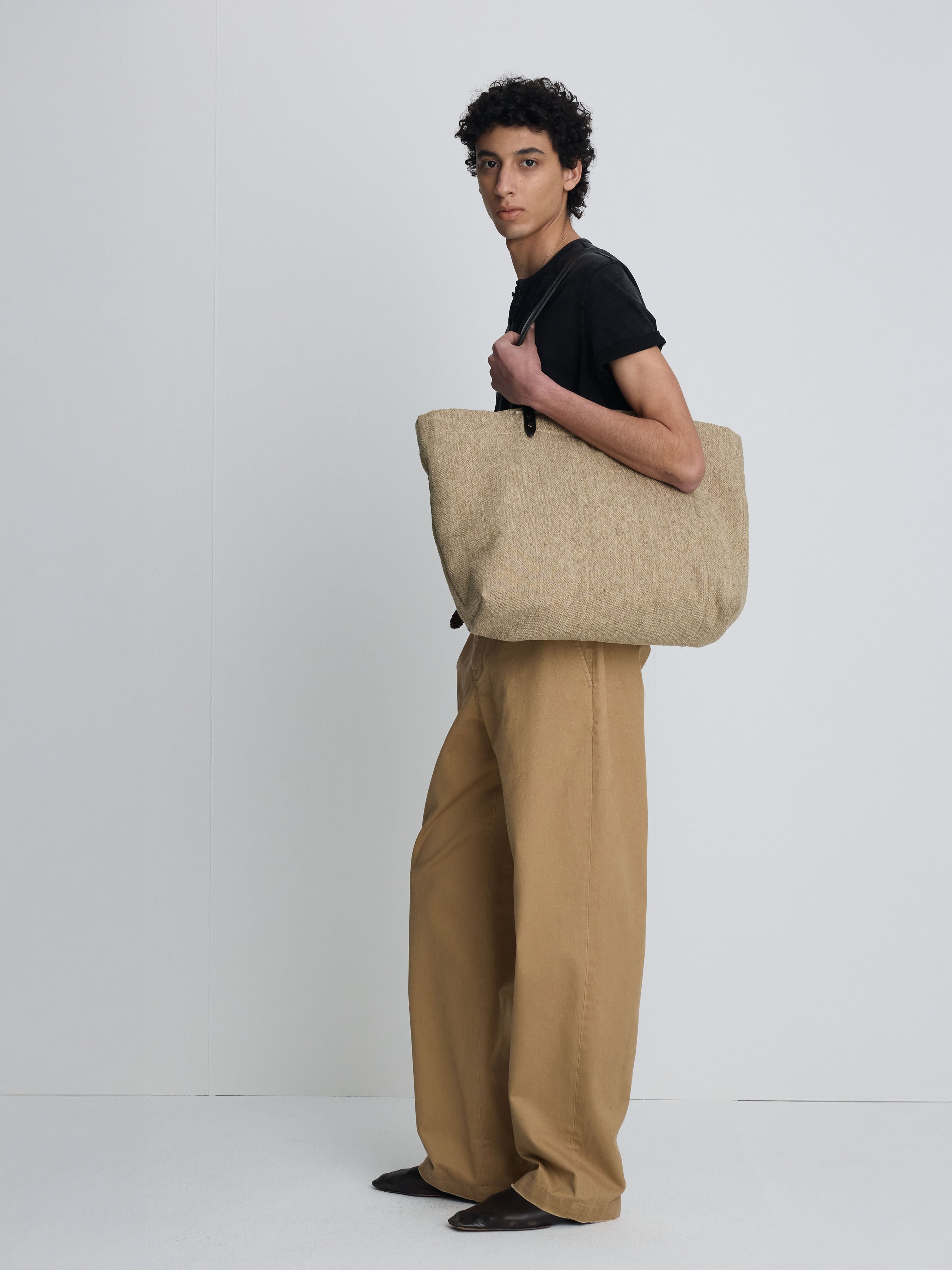 LEATHER HANDLE CANVAS TOTE BAG_ BEIGE KHAKI