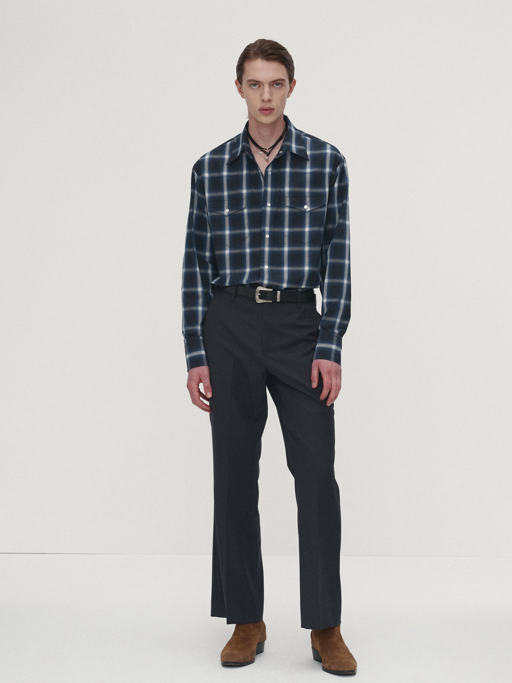 CHECKED COTTON WESTERN SHIRT (JAPANESE FABRIC)_ NAVY/WHITE