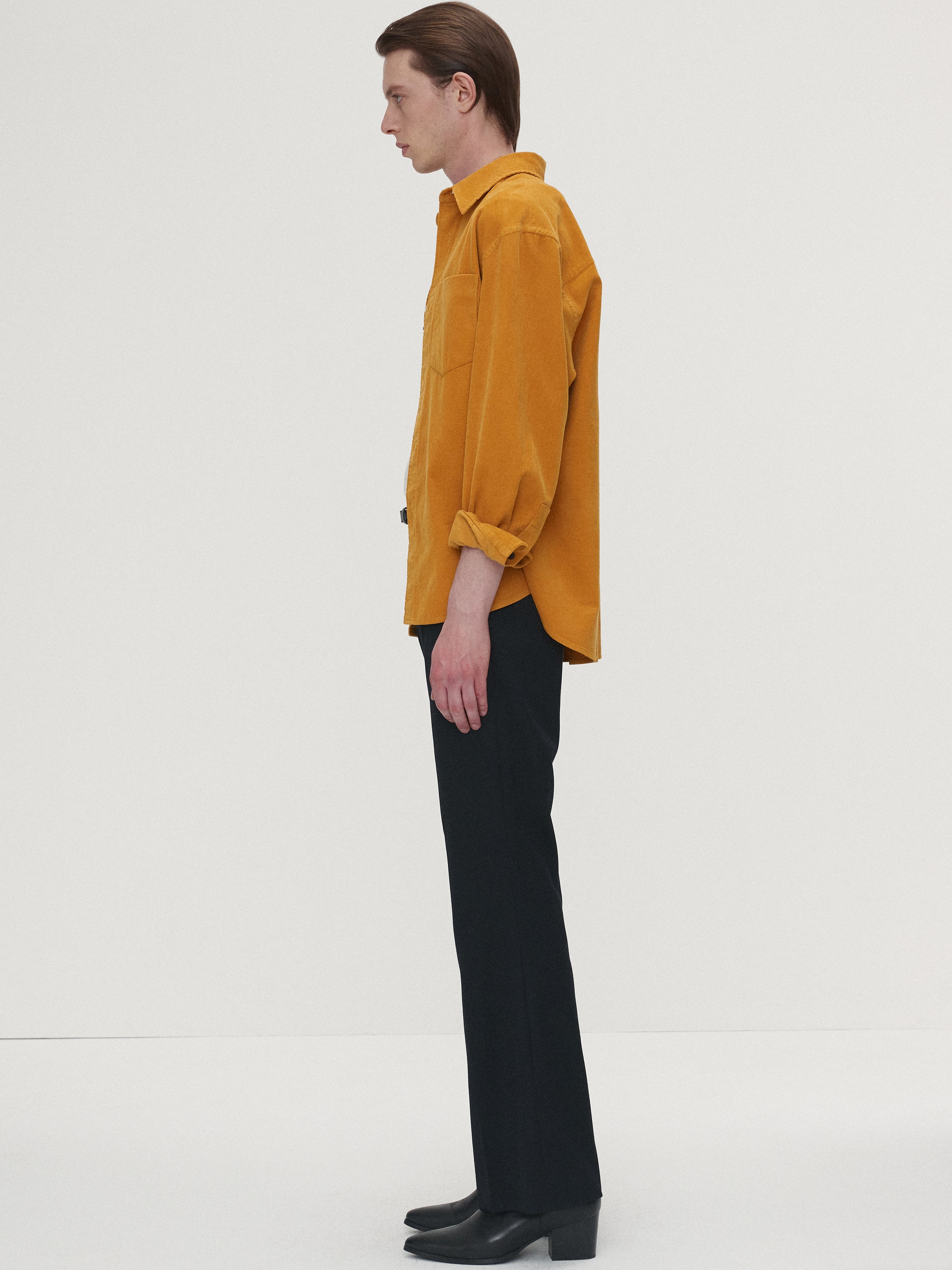 WASHED CORDUROY DISTRESSED SHIRT_ MUSTARD
