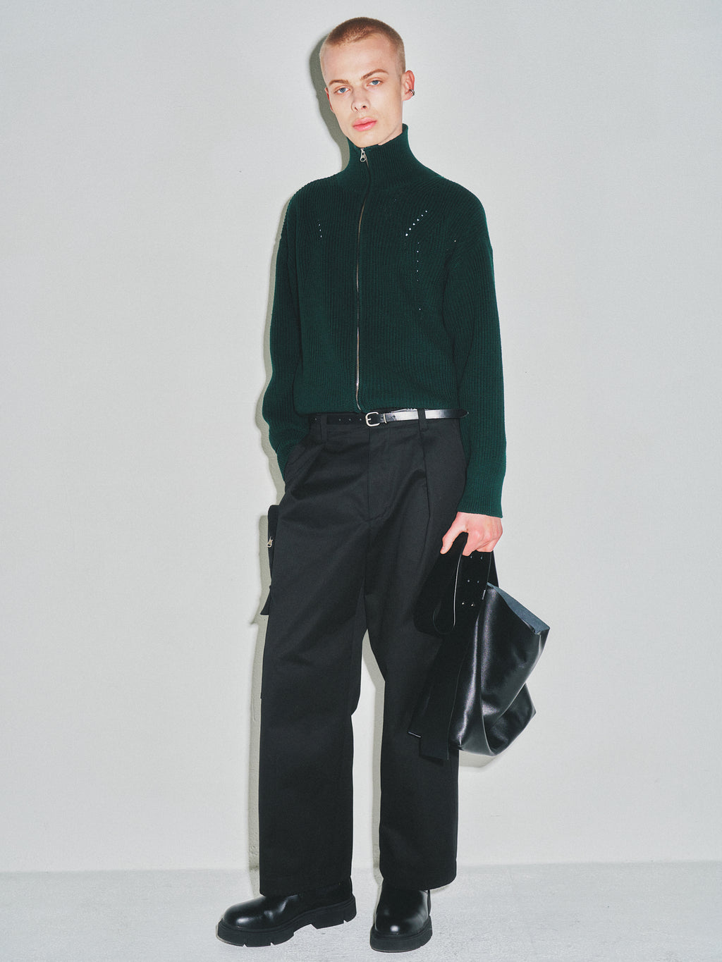 Italian Cotton Hard Twist Zip-up Knit_ Dark Green