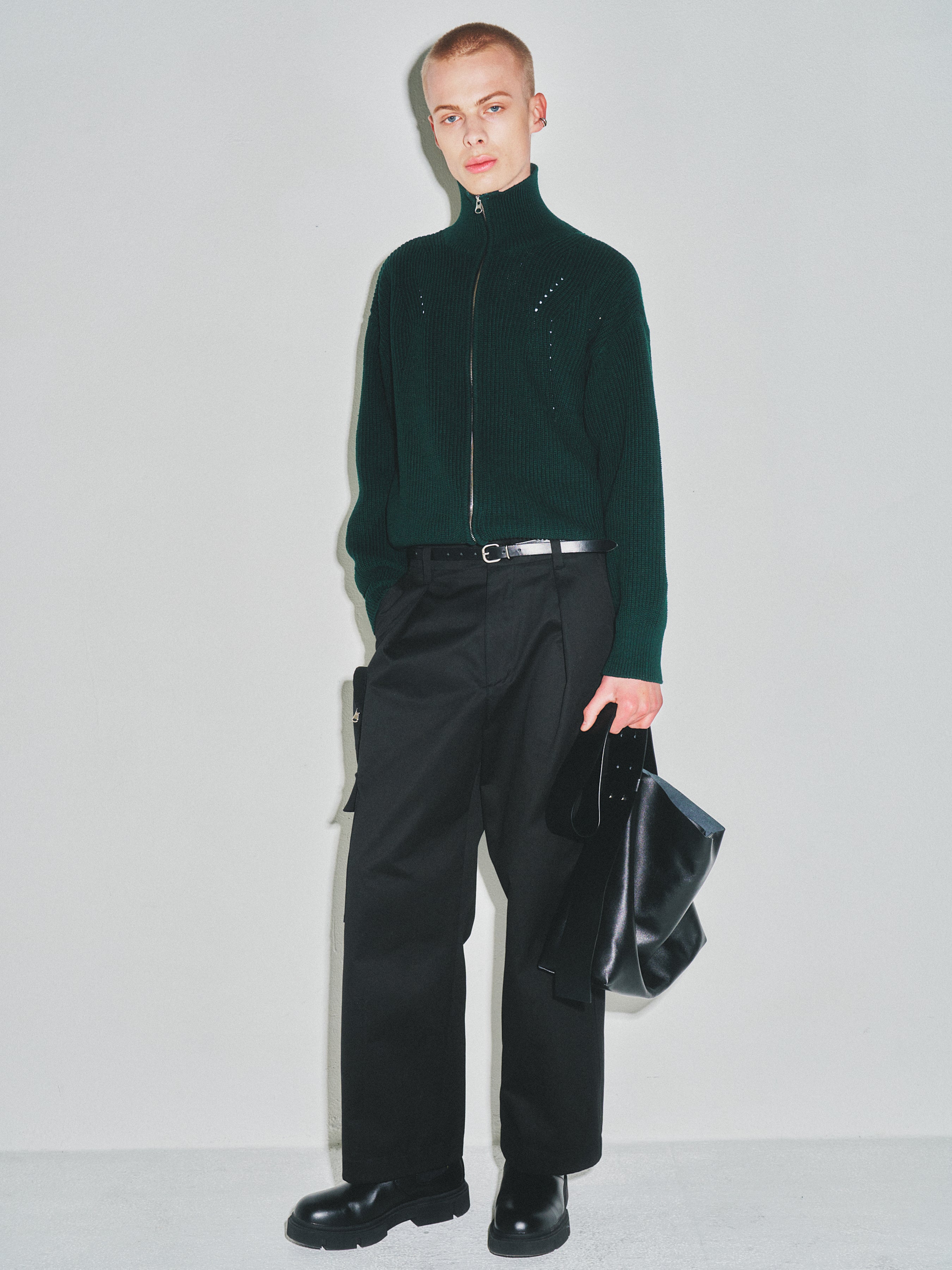 Italian Cotton Hard Twist Zip-up Knit_ Dark Green