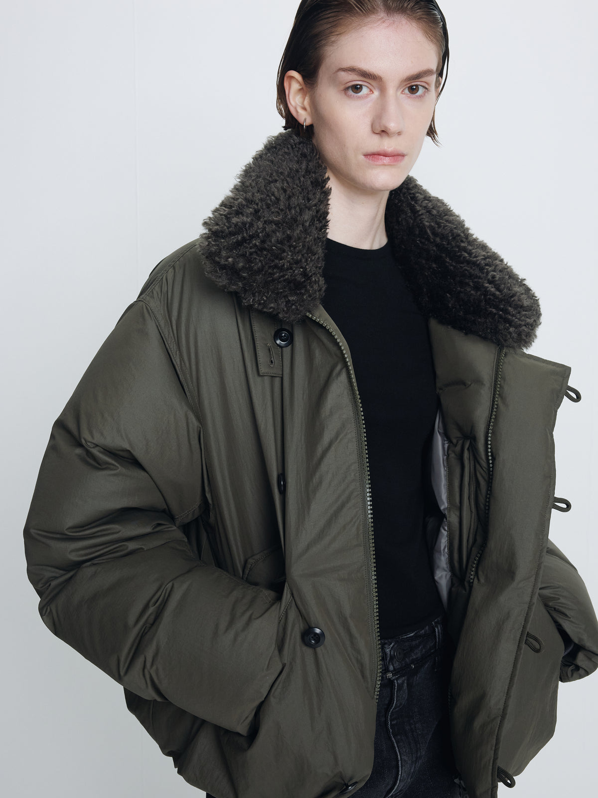 (W) SHEARLING COLLAR PUFFER BLOUSON_ OLIVE