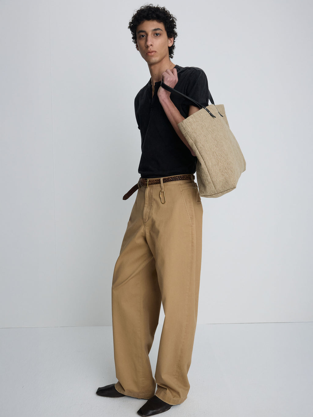 LEATHER HANDLE CANVAS TOTE BAG_ BEIGE KHAKI