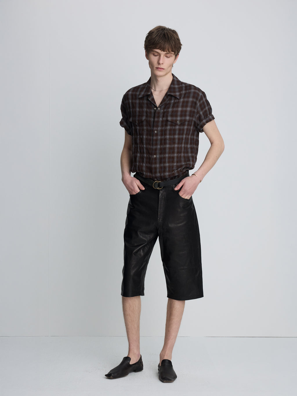 CHECKED COTTON PEARL SNAP SHIRT_ UMBER/SLATE BLUE