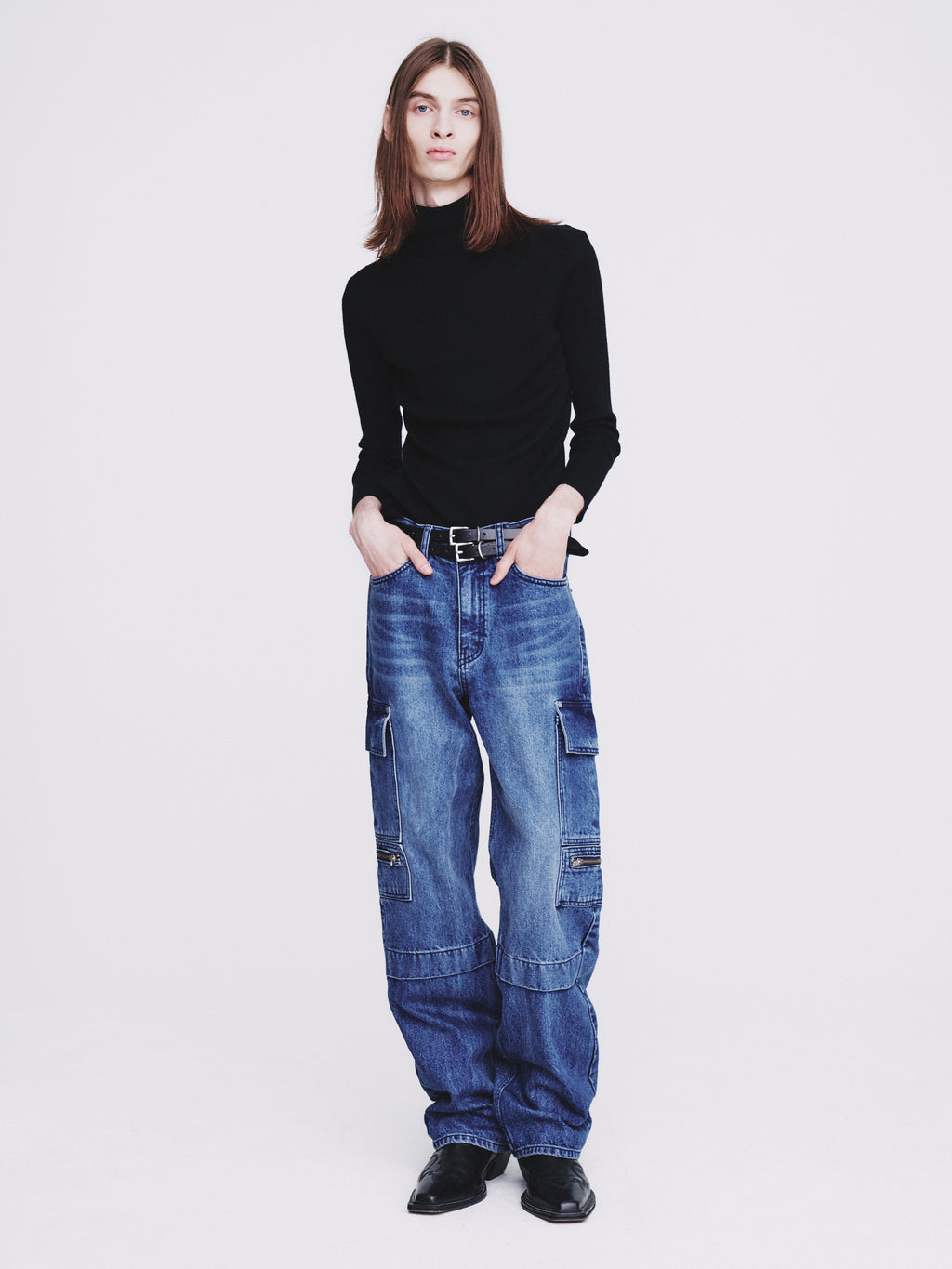 Relaxed Cut Denim Cargo Jeans_ Faded Mid Blue