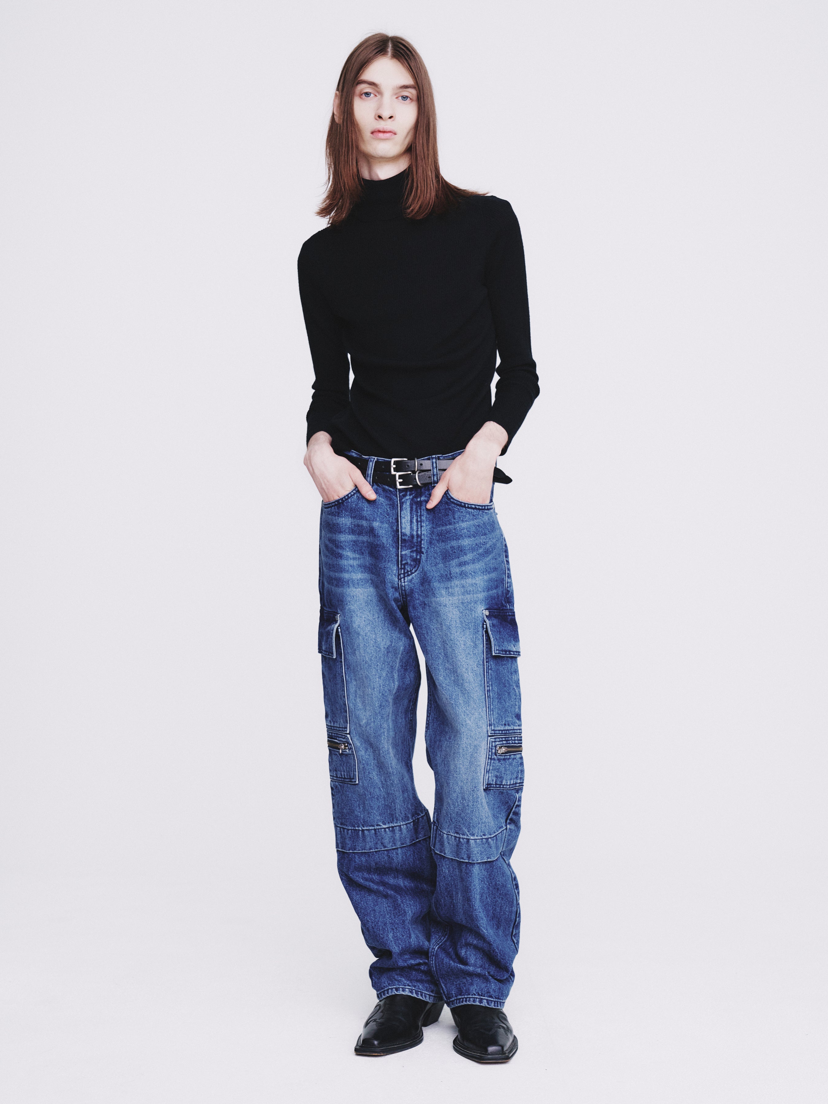 Relaxed Cut Denim Cargo Jeans_ Faded Mid Blue