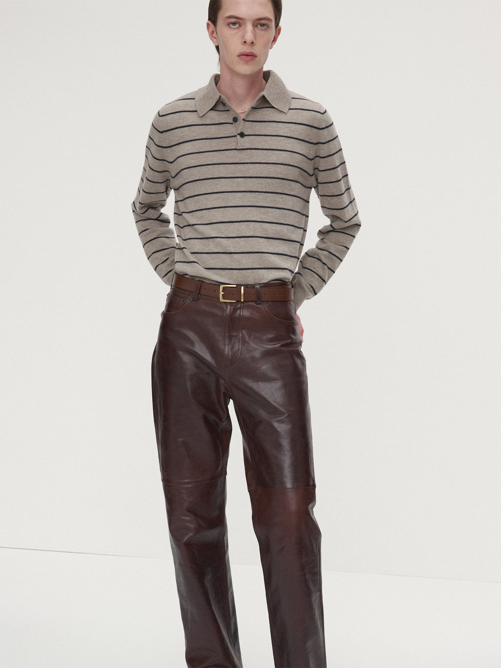 SUPER FINE WOOL STRIPE POLO KNIT_ BEIGE/NAVY