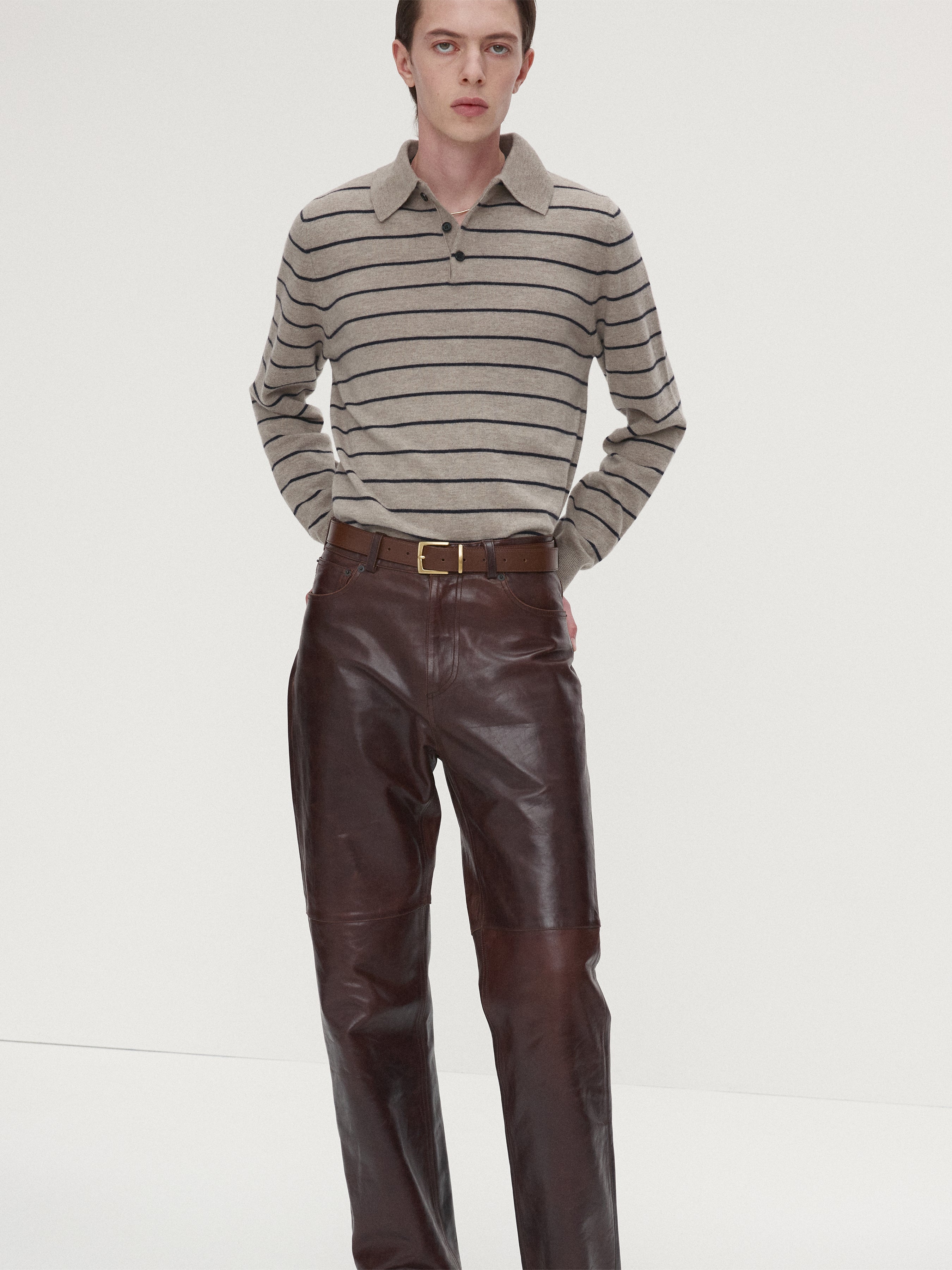 SUPER FINE WOOL STRIPE POLO KNIT_ BEIGE/NAVY
