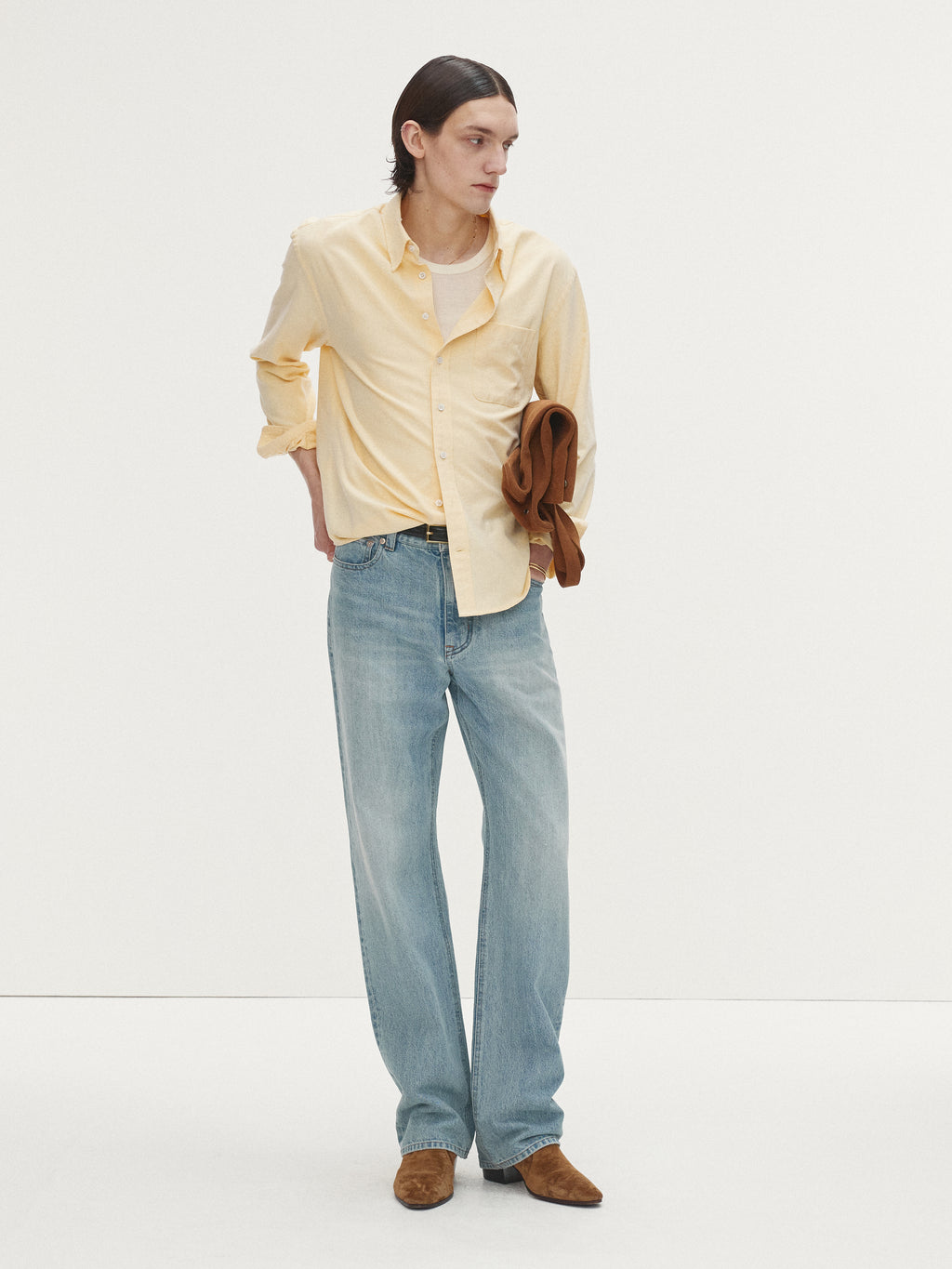 COTTON LYOCELL DISTRESSED OXFORD SHIRT_ PALE YELLOW