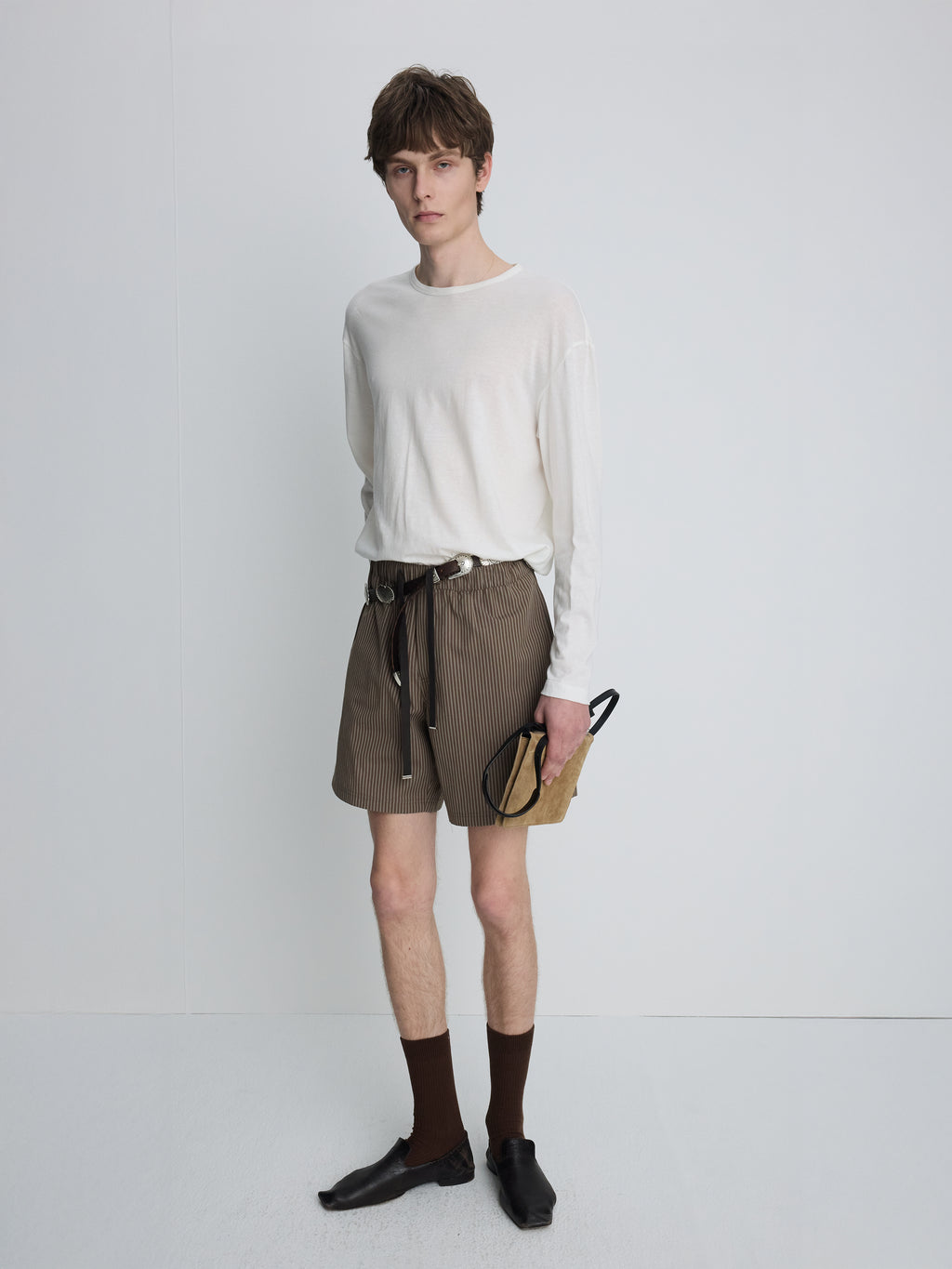 STRIPED COTTON LOUNGE SHORTS_ OLIVE BROWN