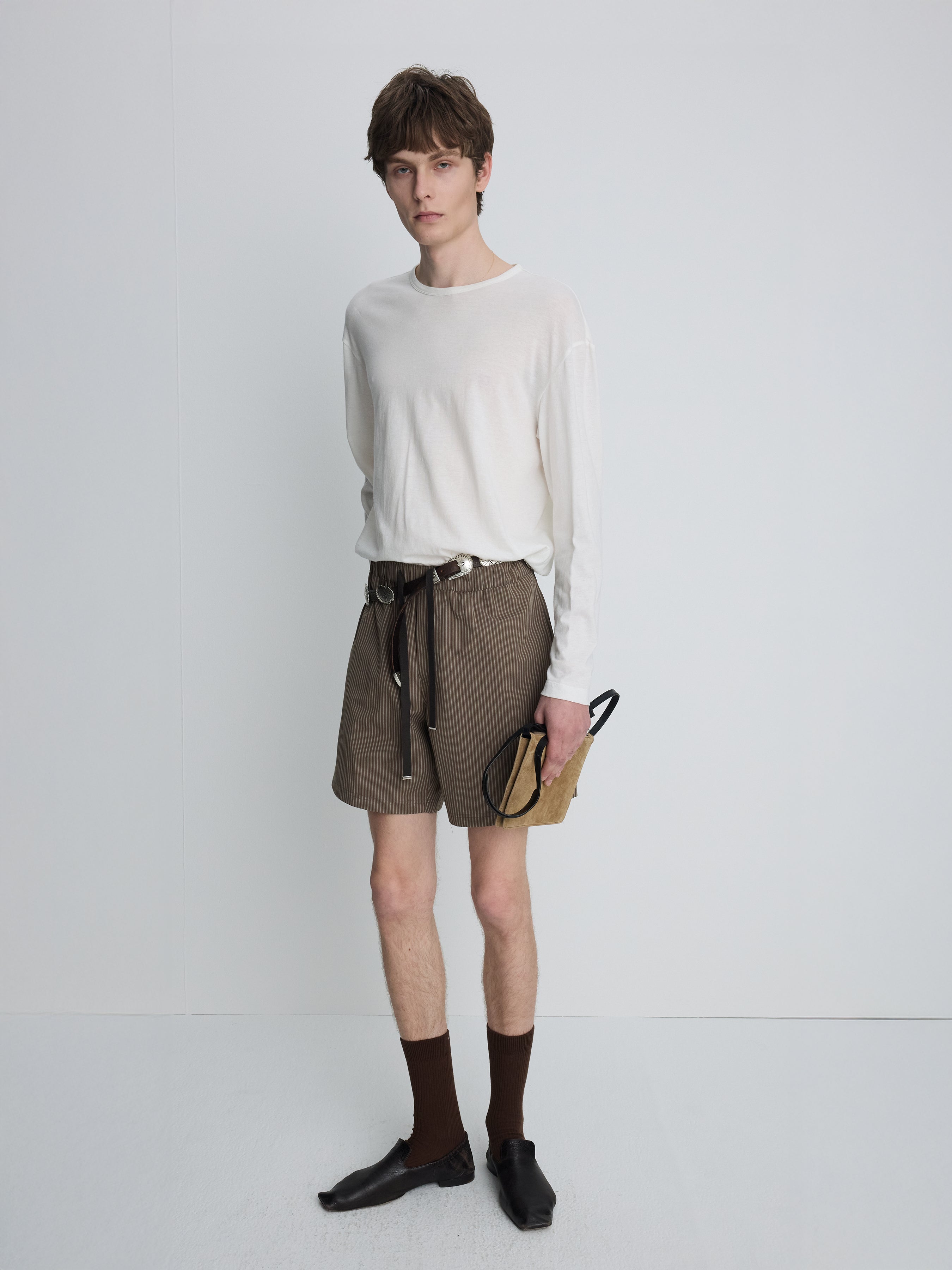 STRIPED COTTON LOUNGE SHORTS_ OLIVE BROWN