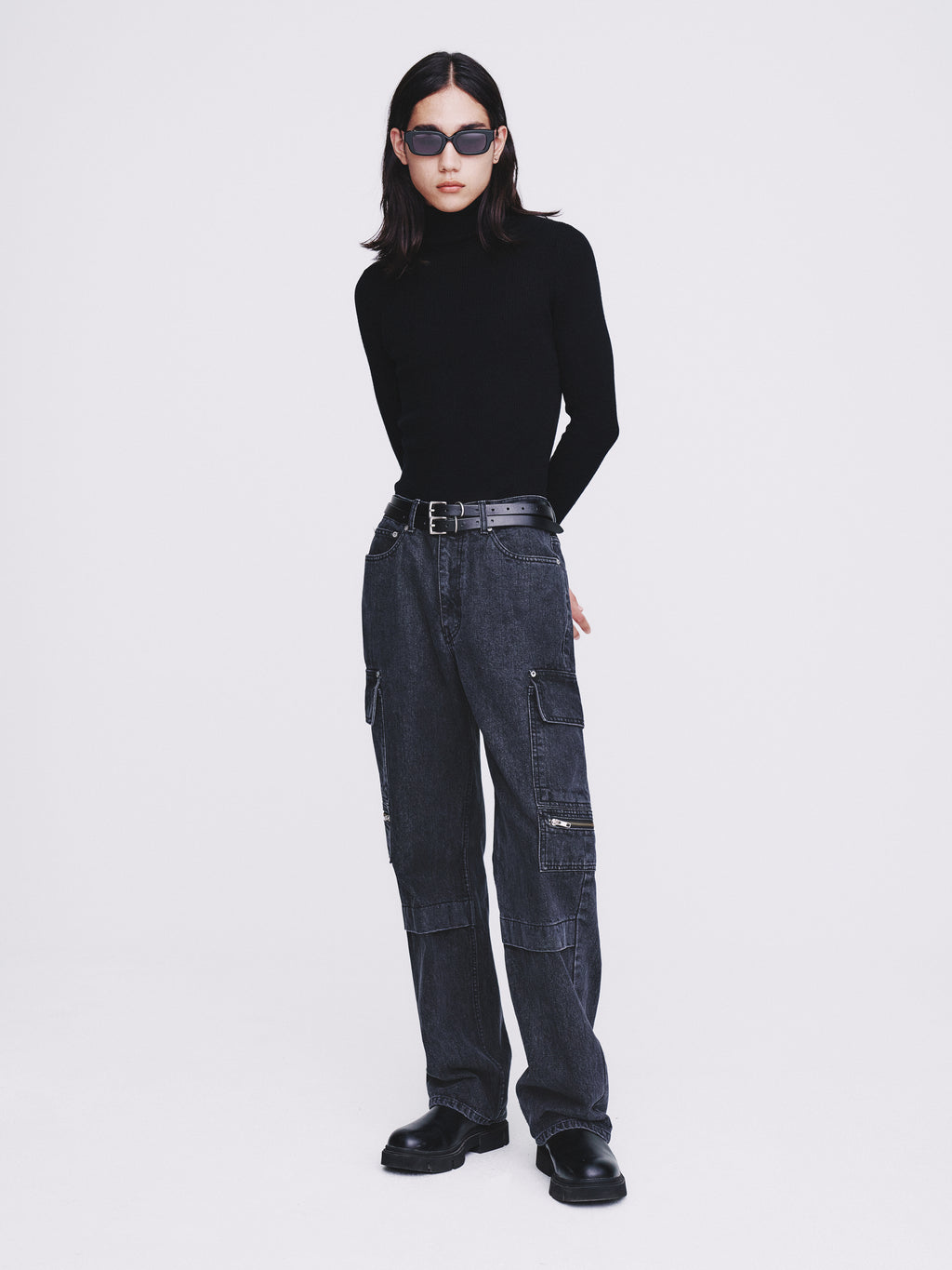 Relaxed Cut Denim Cargo Jeans_ Faded Black