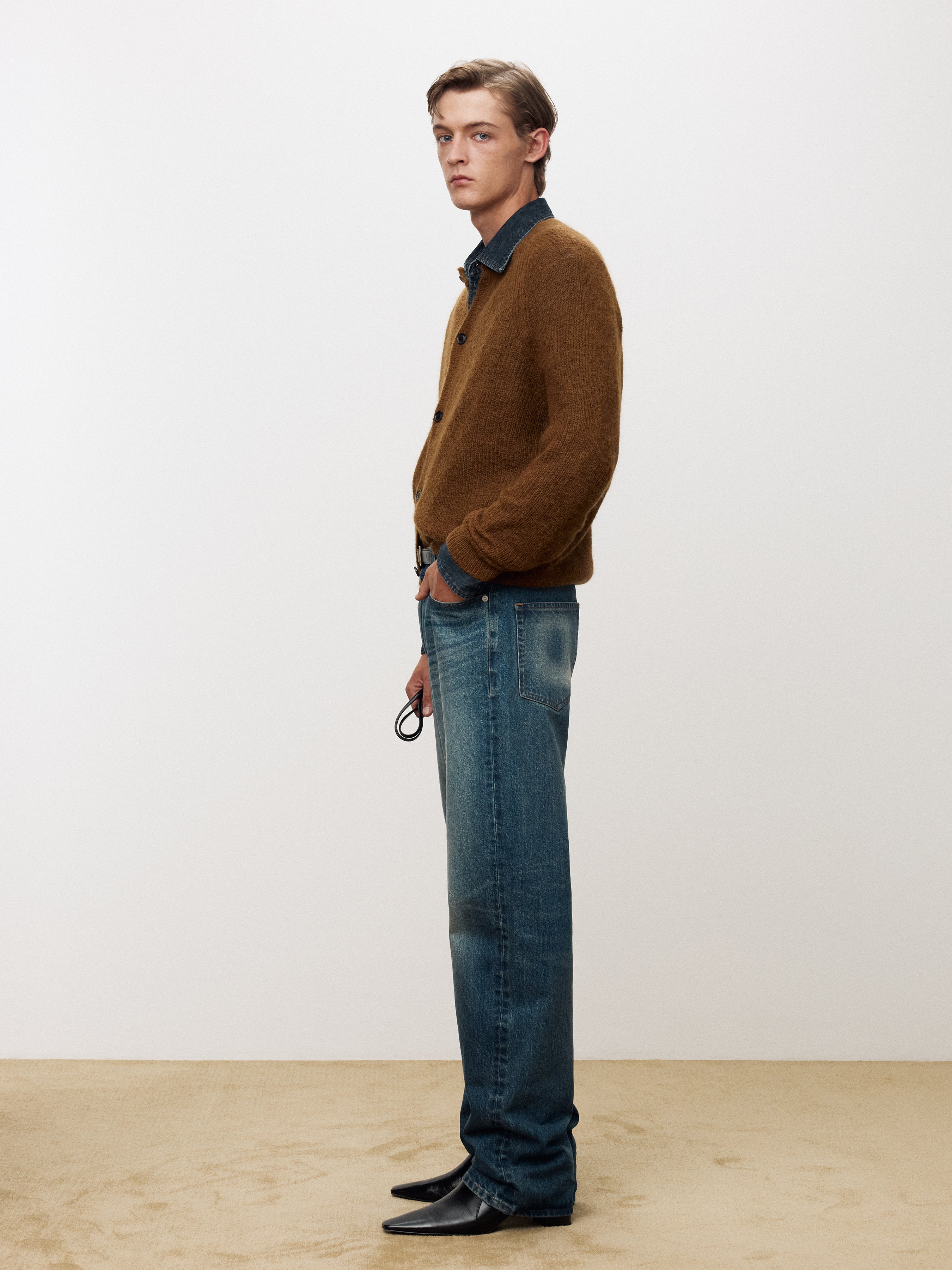 WOOL AND MOHAIR RIBBED MESH CARDIGAN_ CAMEL