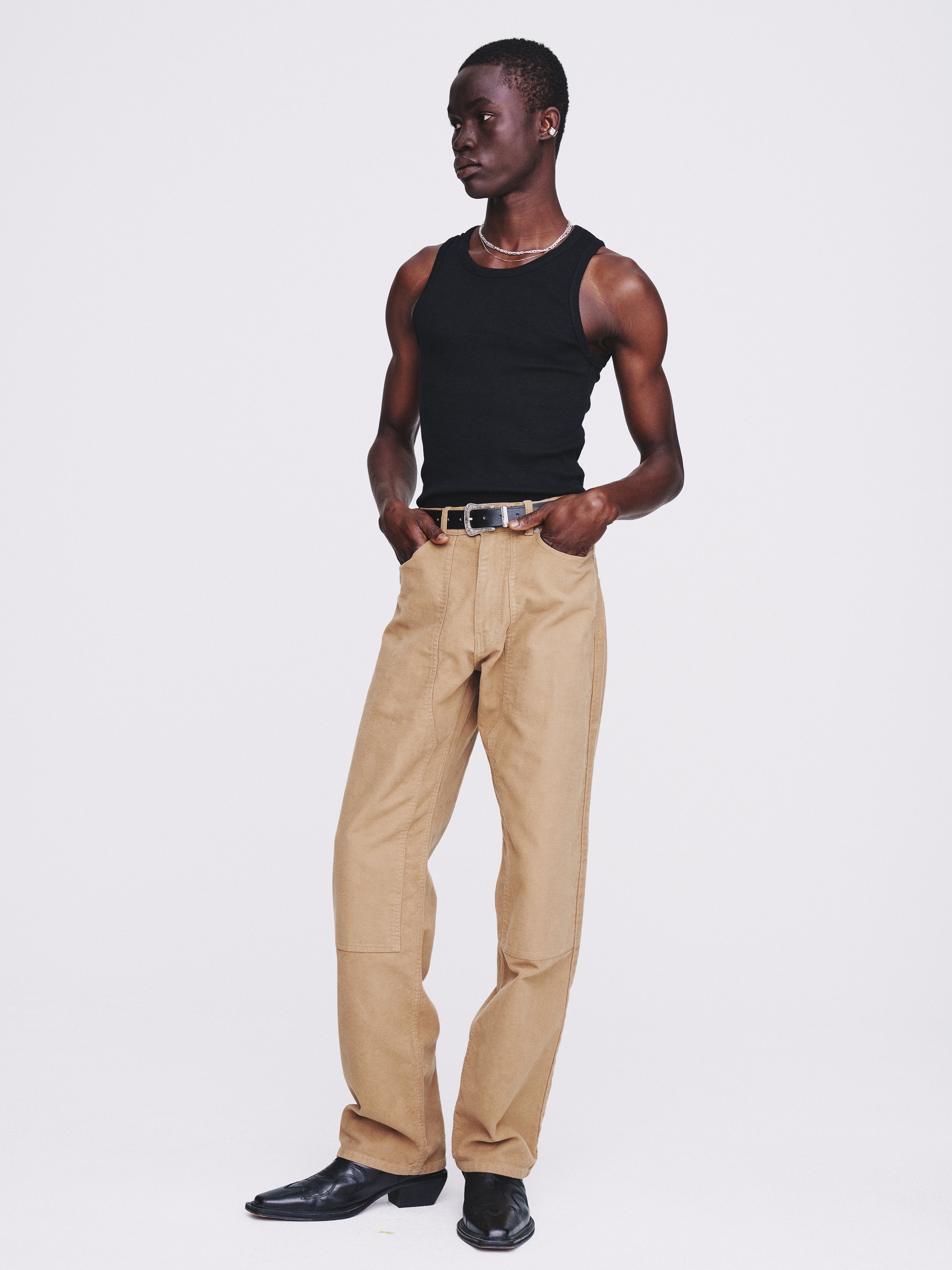 Garment-washed Moleskin Straight Pants_ Washed Beige