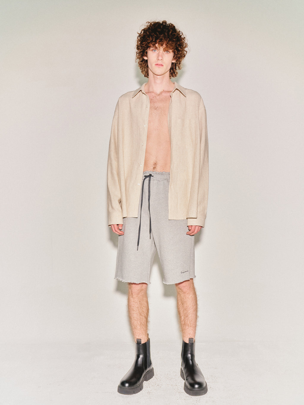 Heavyweight Brushed-Jersey Logo Embroidered Shorts_ Melange Grey