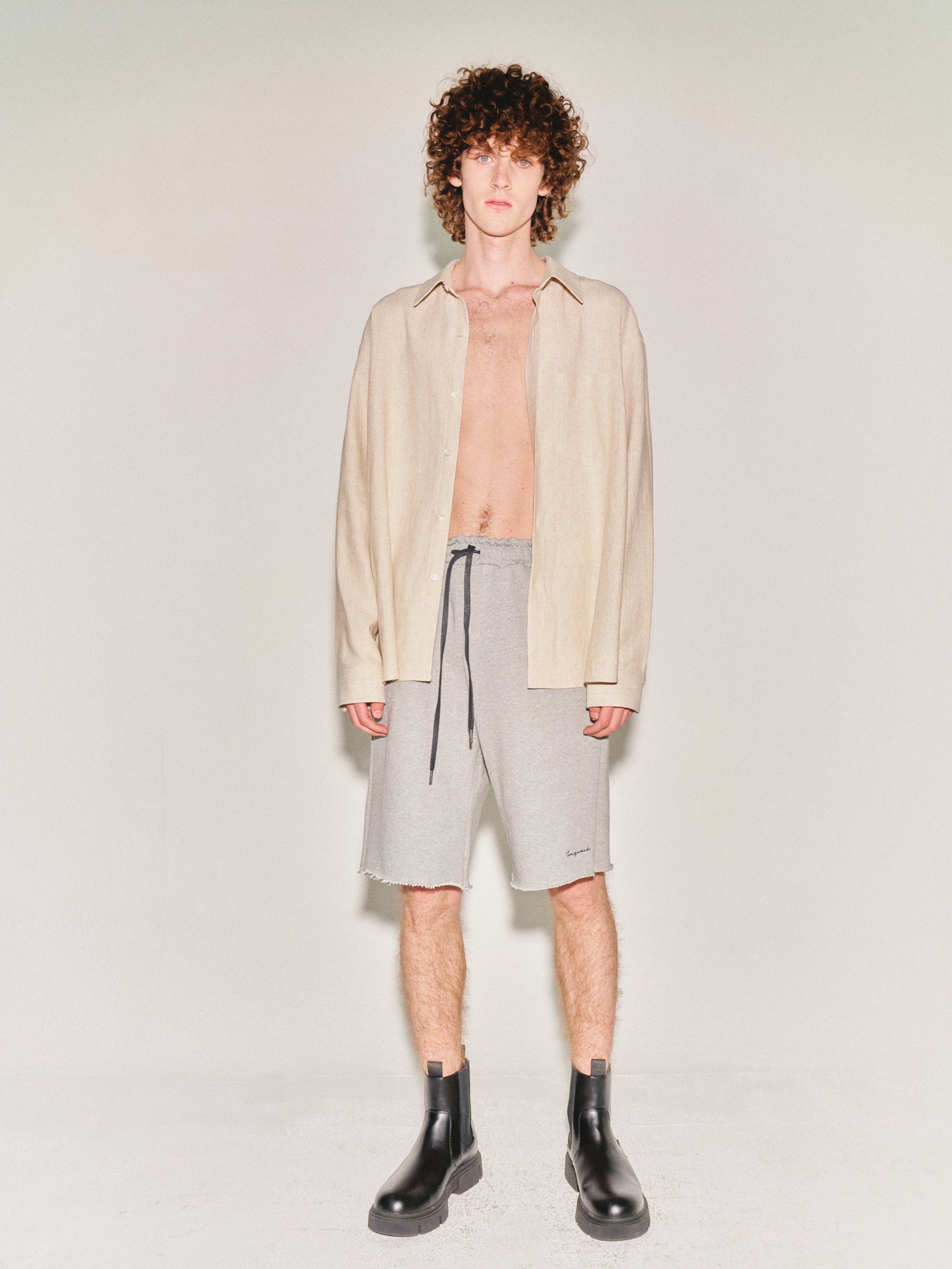 Heavyweight Brushed-Jersey Logo Embroidered Shorts_ Melange Grey