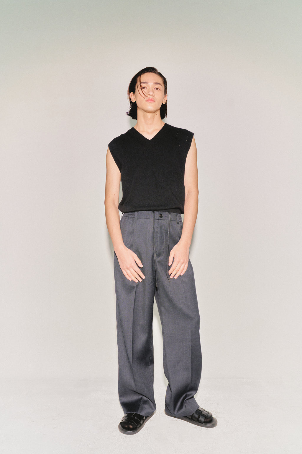 High-density Wool Drawstring Wide Trousers_ Grey