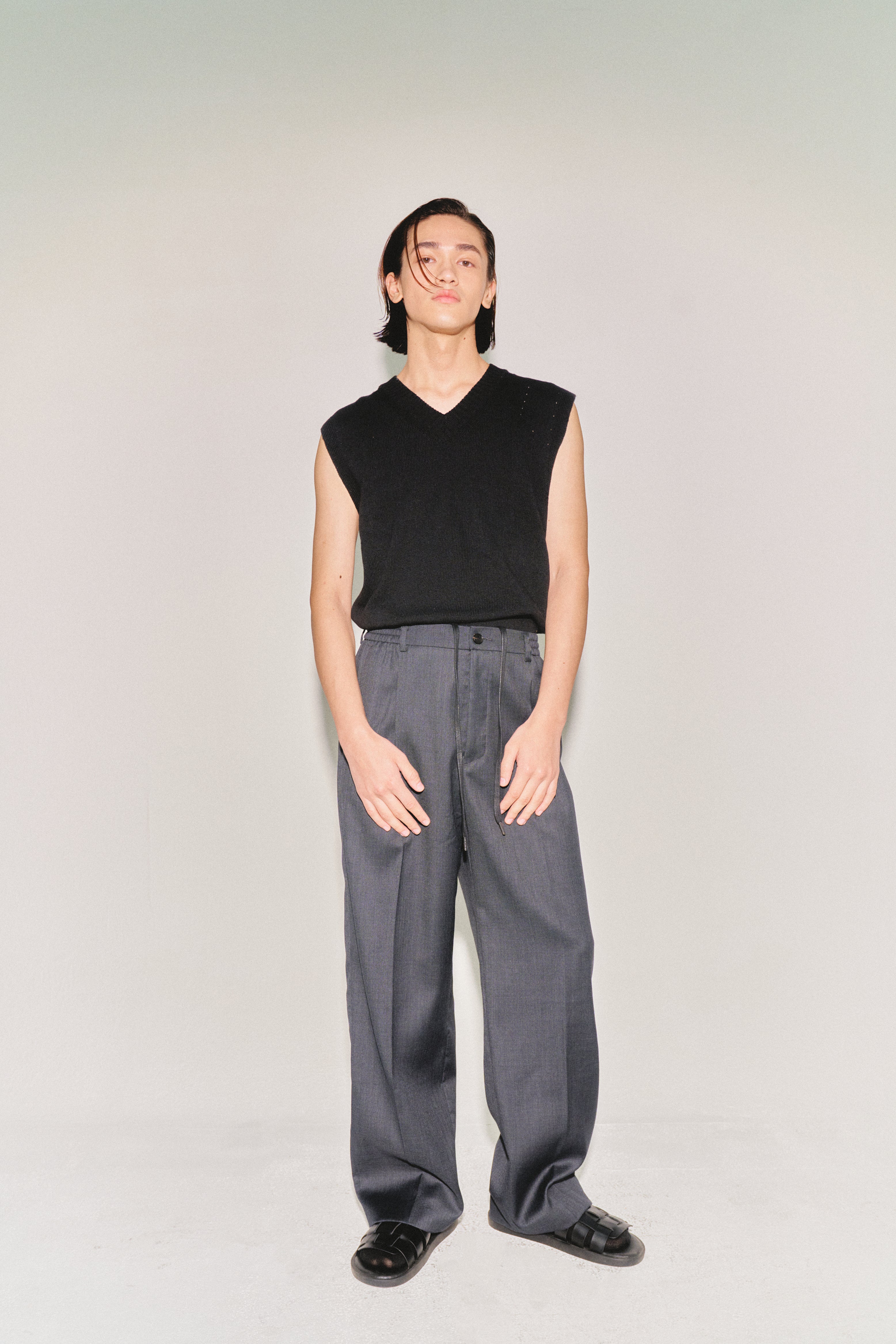 High-density Wool Drawstring Wide Trousers_ Grey