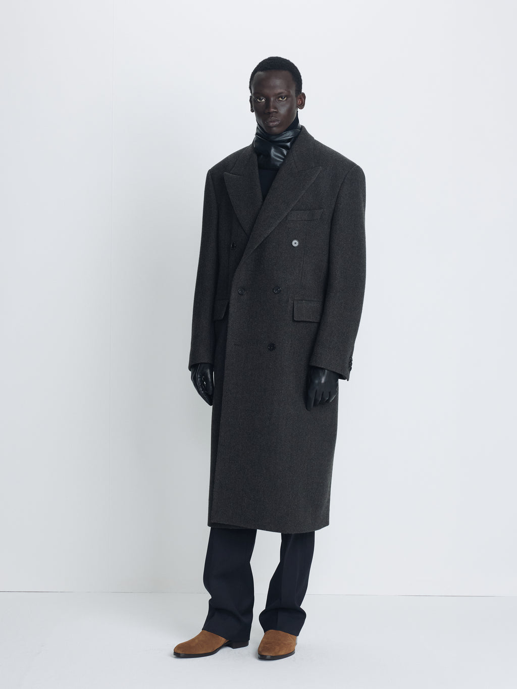 HERRINGBONE WOOL DOUBLE-BREASTED COAT_ MOSS BROWN