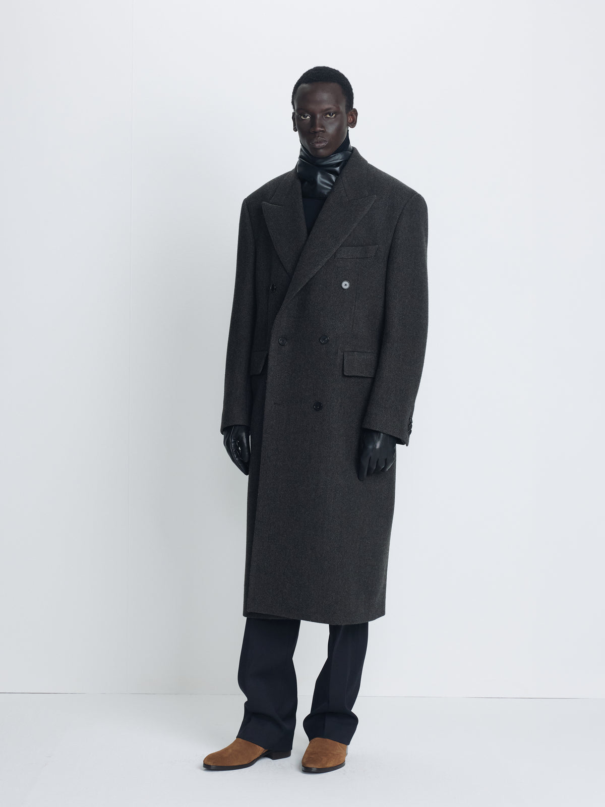 HERRINGBONE WOOL DOUBLE-BREASTED COAT_ MOSS BROWN