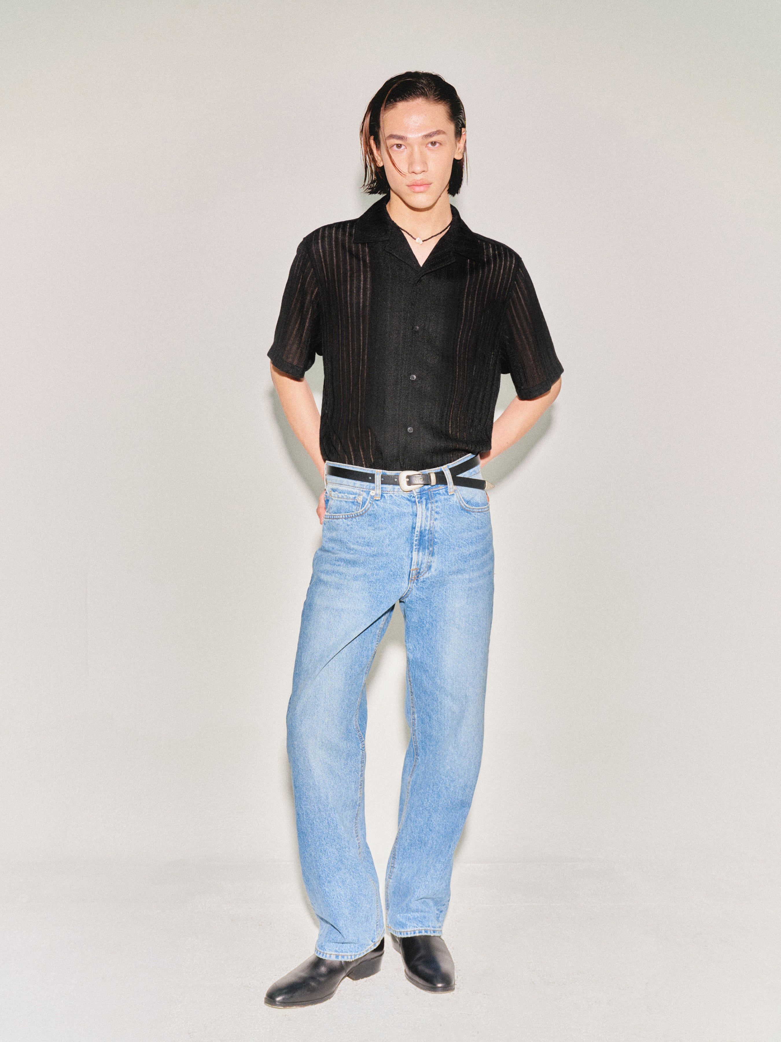 Crochet Camp Collar Half Sleeve Shirt_ Black