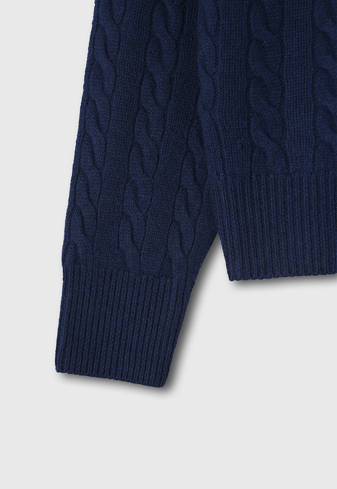 Super Fine Wool Cable Knit Zip-up_ Navy Blue