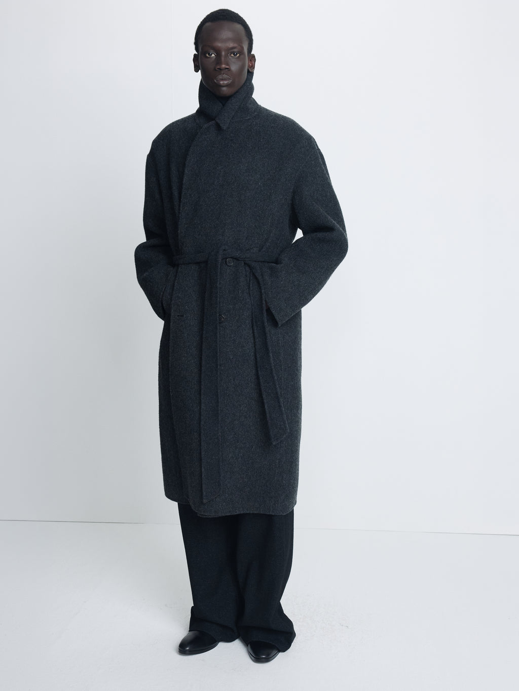 HAND-MADE WOOL BELTED DOUBLE COAT_ MELANGE CHARCOAL
