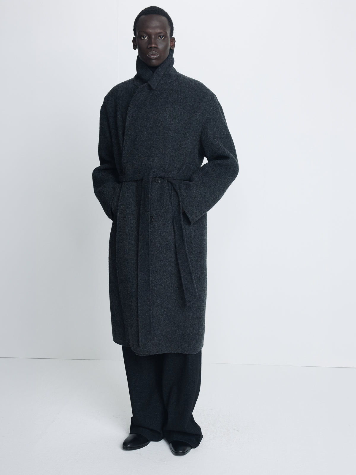 HAND-MADE WOOL BELTED DOUBLE COAT_ MELANGE CHARCOAL